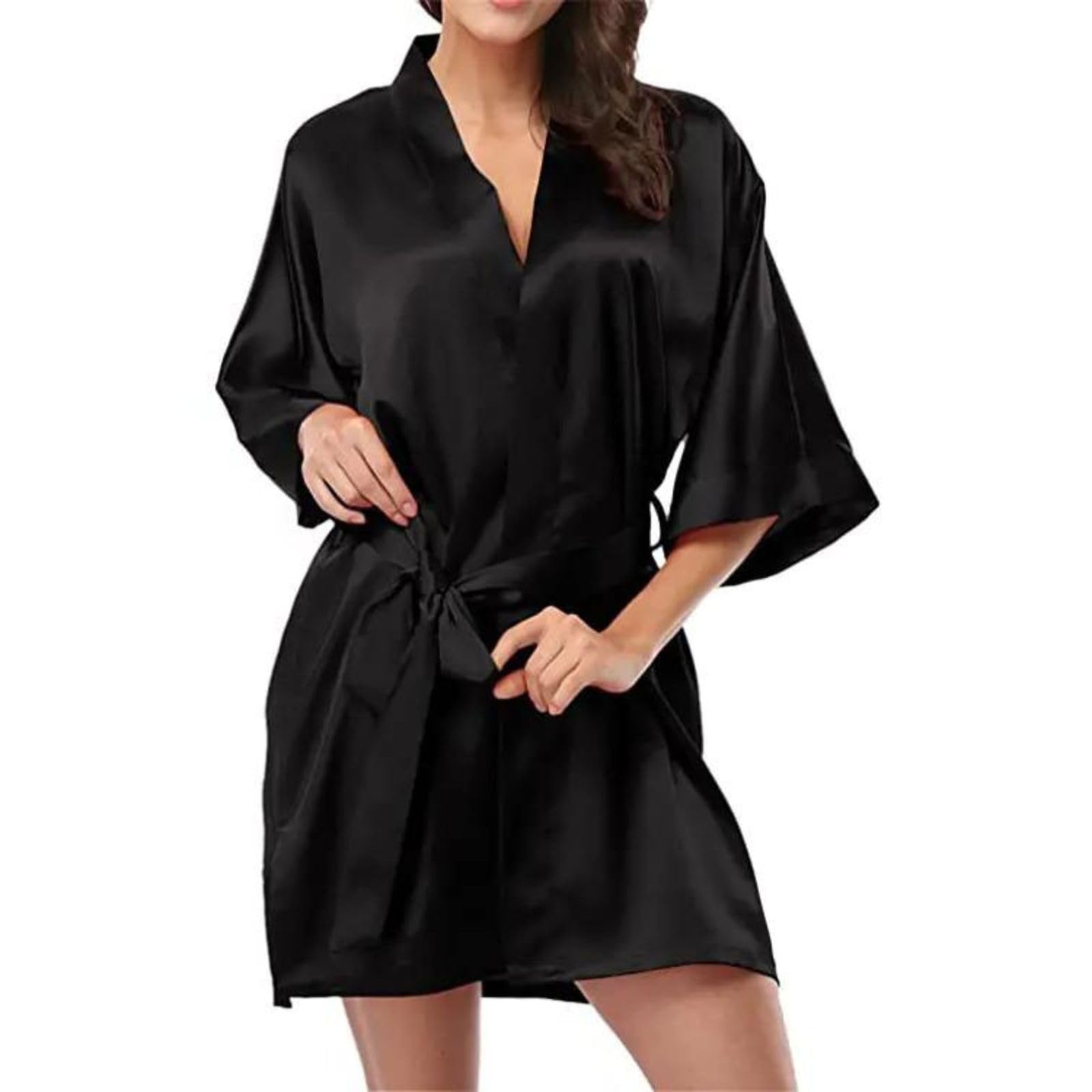ROSVAJFY Bata Kimono Corto Satén Sexy Media Manga para Mujer,Vestir Seda Elegante,Albornoz Suave Cuello en V,Lencería Novia Damas Suelta,Camisón Ligero con Cinturón,Pijama Vestido Fiestas
