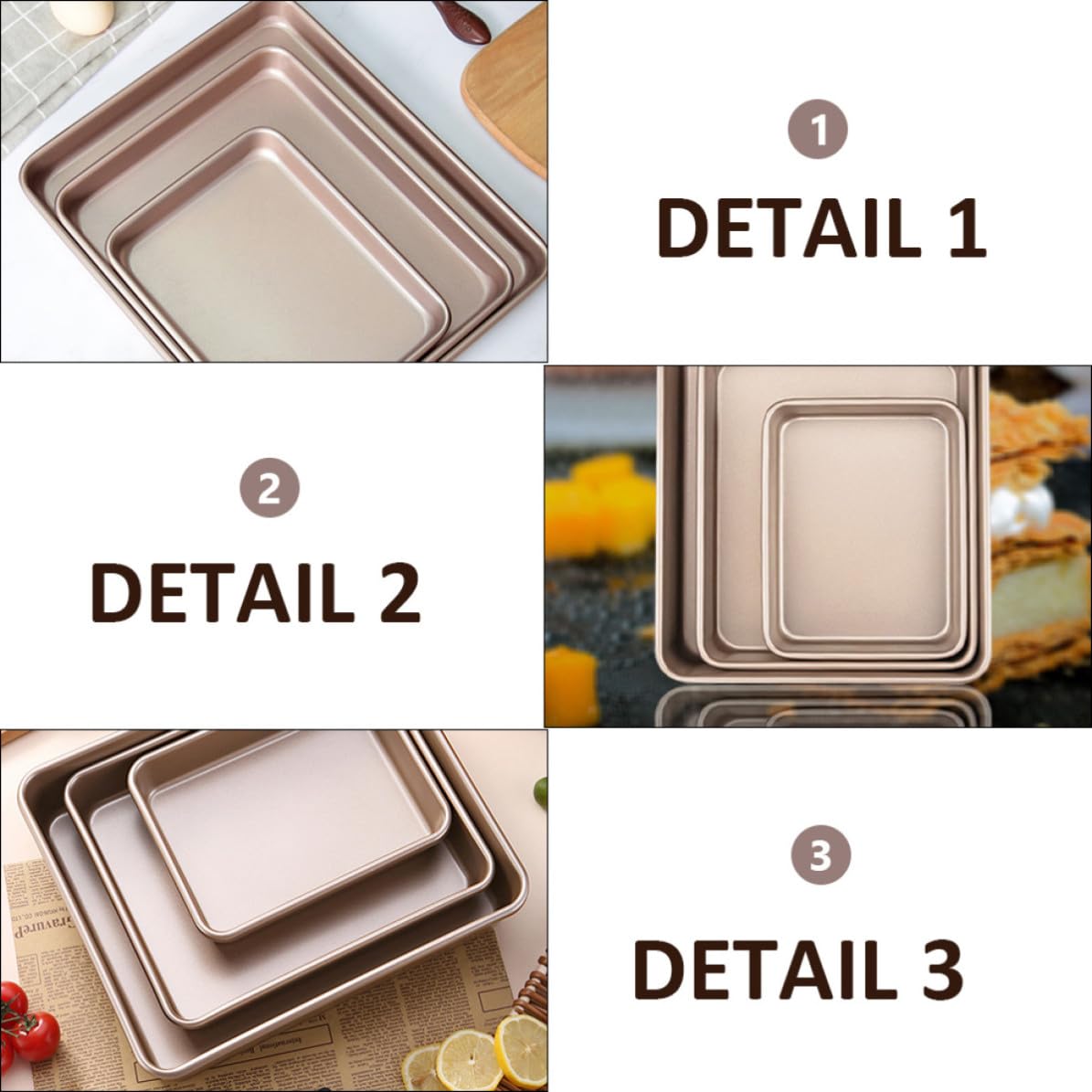 TOYANDONA 3 Stück Rechteckiger Ofen Backformen aus Kohlenstoffstahl Goldene Auflaufformen Einfache Handhabung zum Backen und Picknick