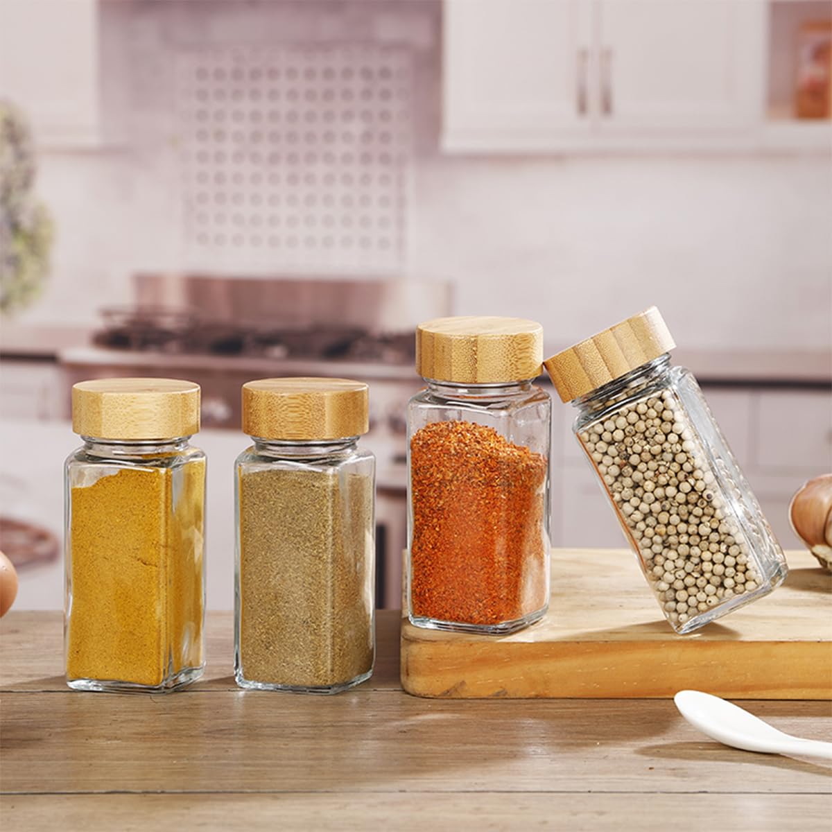 Barattoli Spezie, Barattoli Vetro, Contenitori Spezie da 120 ml, Barattoli Porta Spezie Cucina Con Etichetta, Adatto per Barbecue, Vasetti Porta Spezie per Cucin (24 bottiglie