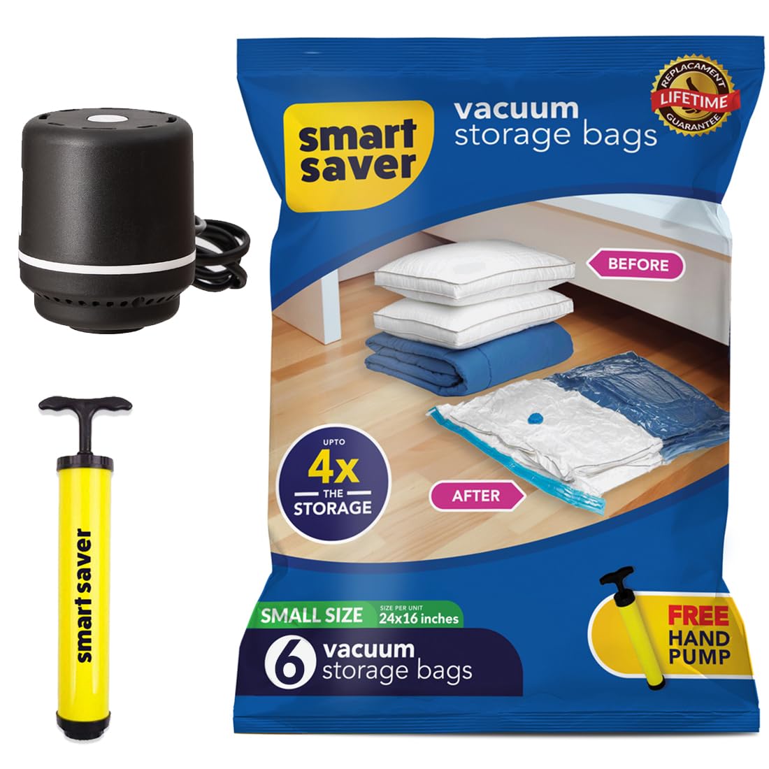 Smart Saver Polyamide Polyethylene Vacuum Compression Bags|Vacuum Storage Bags|Vacuum Bags For Travel|Space Saver Vacuum Bags(6Small + Electric And Manual Pump),White