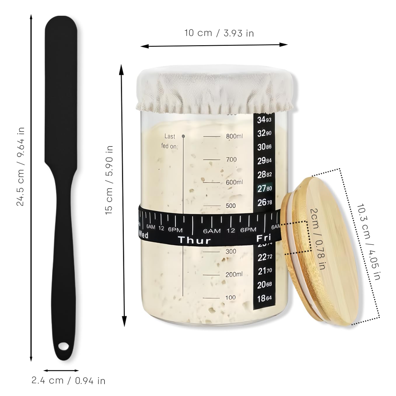 SoLuna. Kit per principianti di pasta madre da 1 litro/1000 ml [vetro di alta qualità] – Grande barattolo per pasta madre in borosilicato, fascia per l'alimentazione della data, termometro/spatola