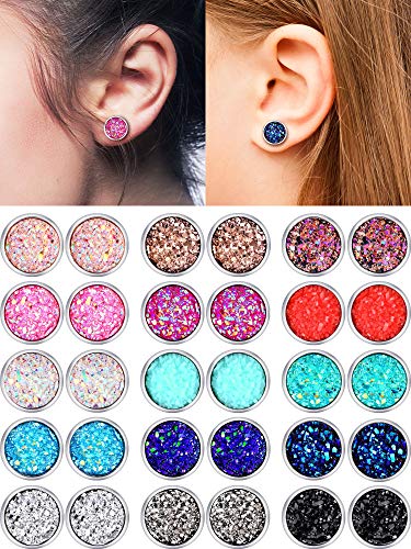 Boao 15 Pairs Druzy Stud Bulk Earrings Set Stainless Steel Round Post Earrings Bohemian Pierced Jewelry for Women2