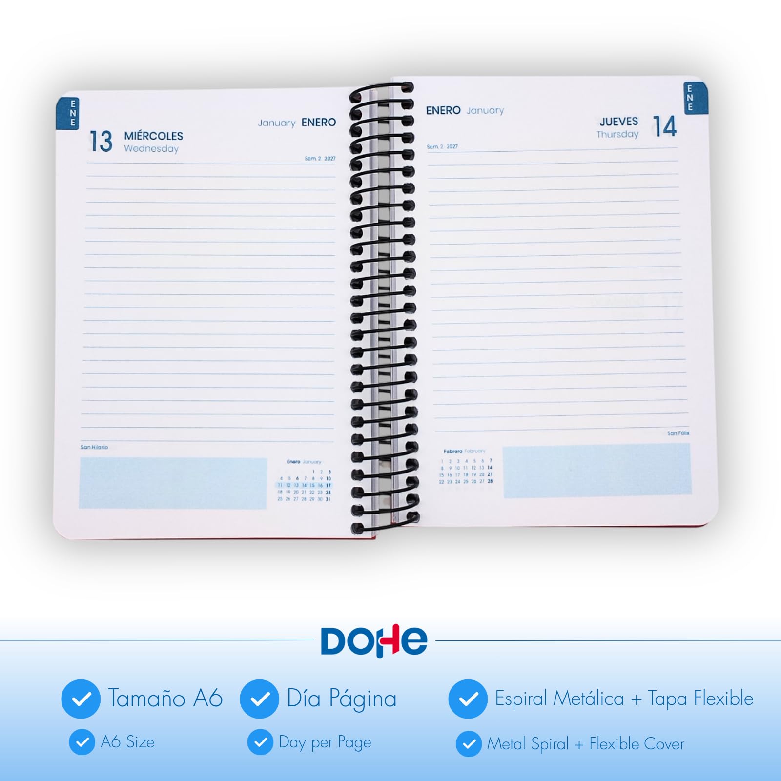 Agenda Scolaire 2026 2027 A6 12x17 cm Couverture Flexible Plastique Rigide Reliure Spirale Espagnol Anglais Noir