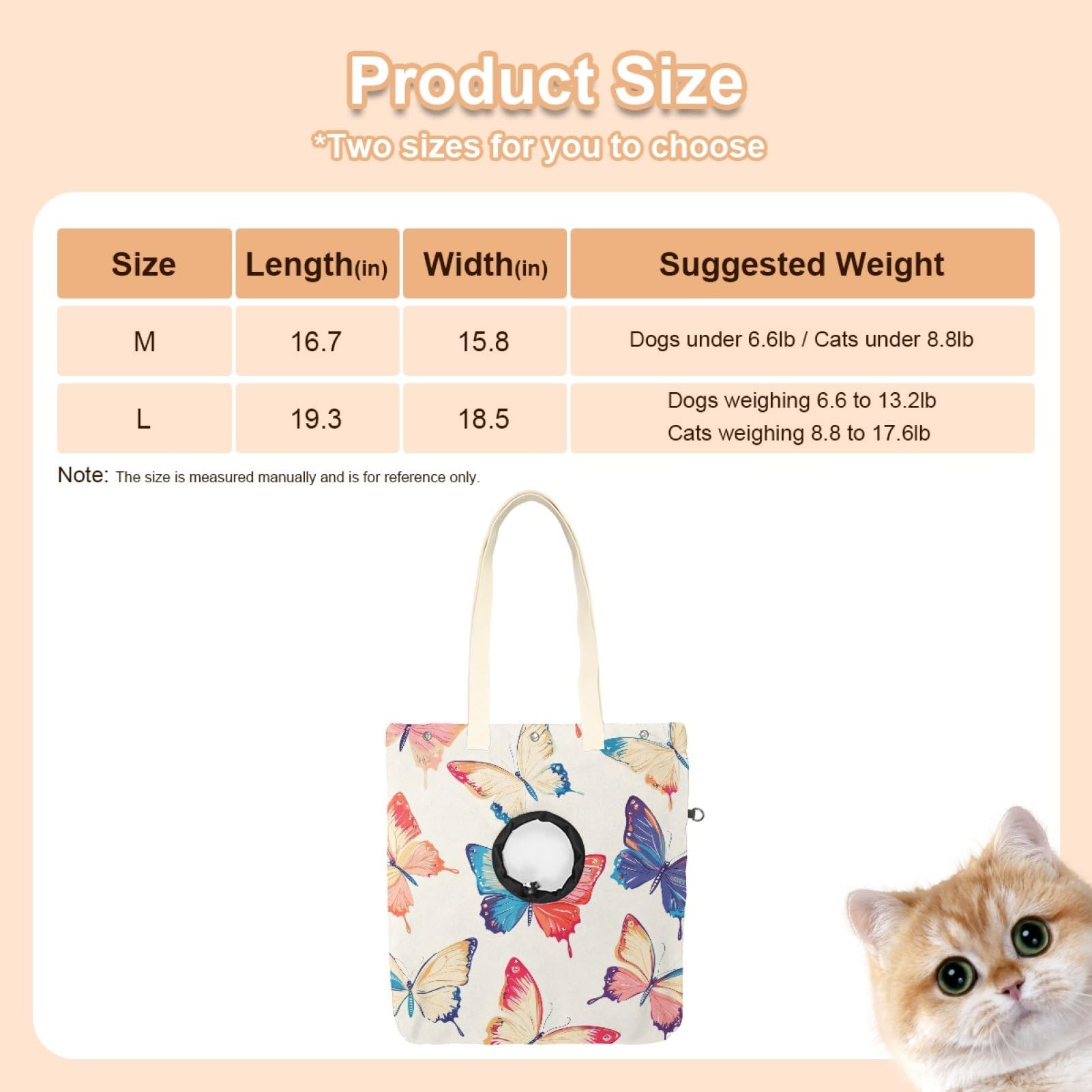 Pet Canvas Shoulder Bag Soft-Sided,Dog Purse Carrier for Small Dogs and Cats, Portable Pet Handbag with Adjustable Hole, Pet Washable Travel Tote Bag,Butterflies 16.7''x15.8''