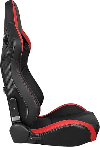 Miniatura 3 de IKON MOTORSPORTS Asientos universales de carreras con deslizadores duales piel sintética y carbono rayas rojas reclinables lado derecho del pasajero