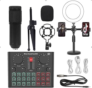 Sound Card Kit BM800 Microphone Professional Condenser Bluetooth Wireless MIC Sound Card With Ring Fill Light Cantilever Bracket Live Streaming Studio Setup For Recording Music ( Color : Black BM800 D