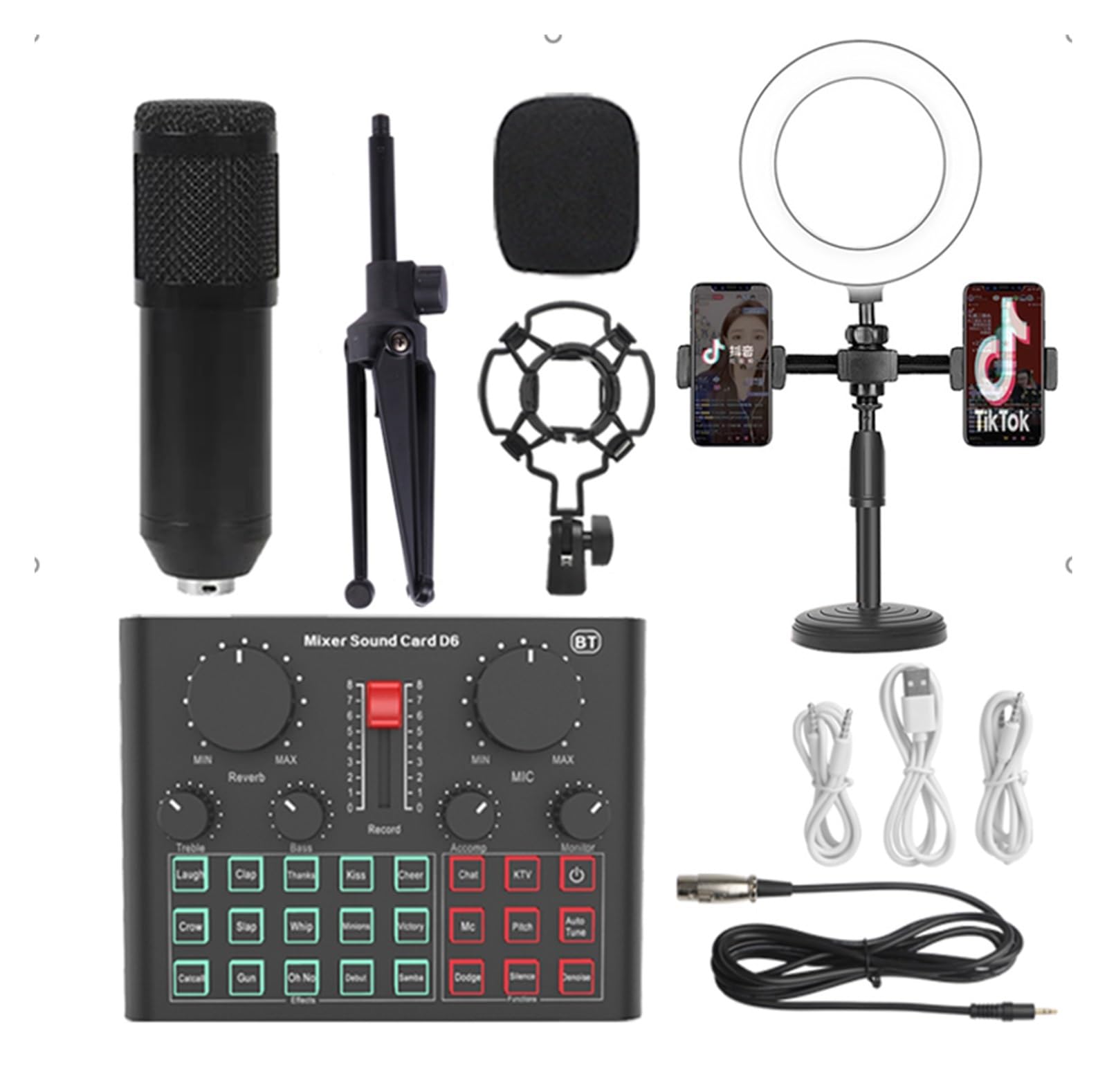 Kit scheda audio BM800 Microfono professionale a condensatore Bluetooth Scheda audio wireless con luce di riempimento ad anello Staffa a sbalzo Configurazione studio streaming live per la registr
