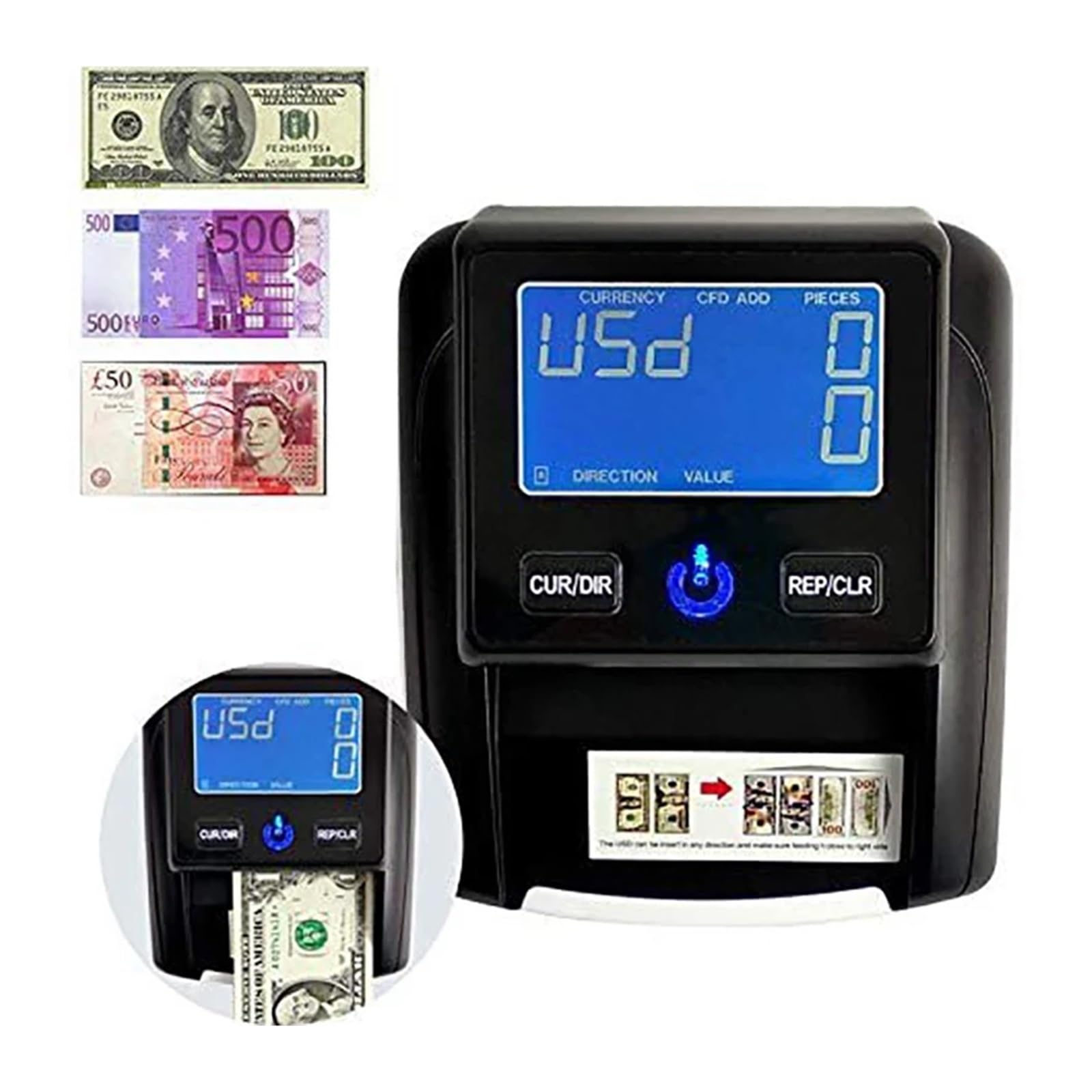 Lector portátil de moneda falsa con detección magnética, contador billetes USD