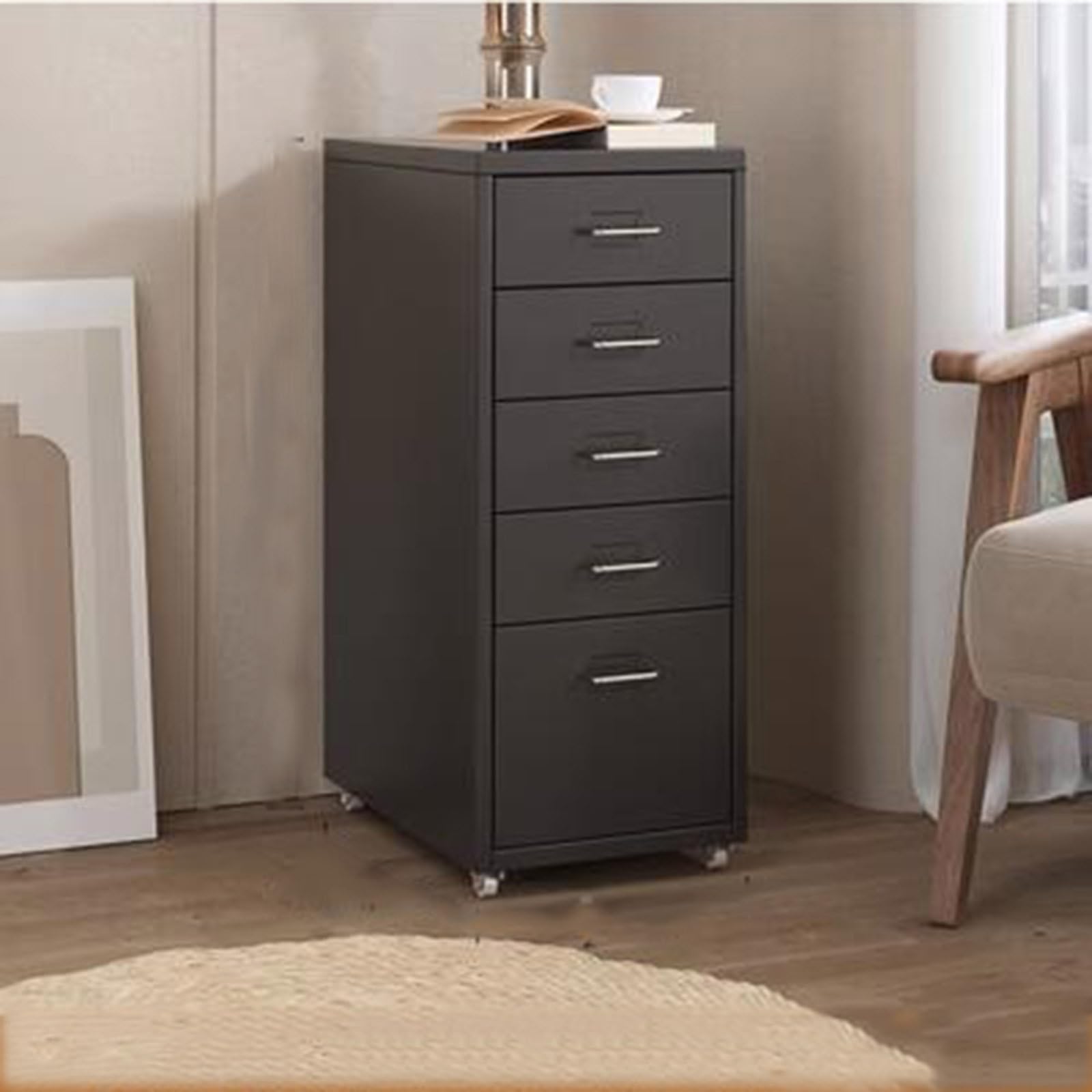 Aioneer Black Mobile Metal Filing Cabinet On Wheels Rolling Storage Organizer With Drawers Vertical Rolling File Cabinet Printer Stand Lockable Casters Office Storage Solution-27 * 16 * 11Inch