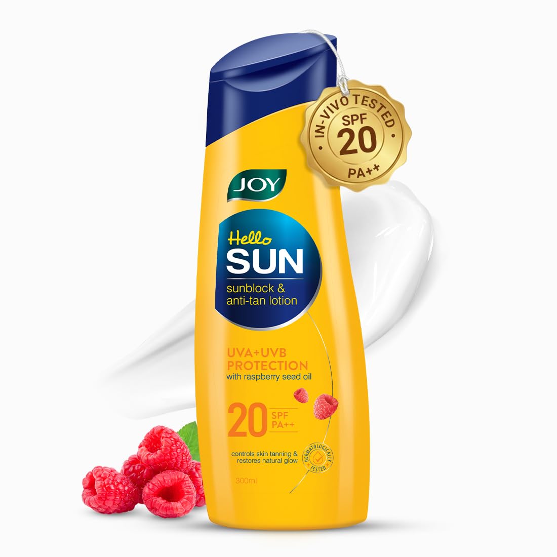 Joy Hello Sun Body Sunscreen Lotion SPF20 PA++ (300ml) | UVA + UVB Protection | Tan Control and restores Glow | Lightweight, Fast Absorbing & Zero White Cast | For Normal to Oily Skin
