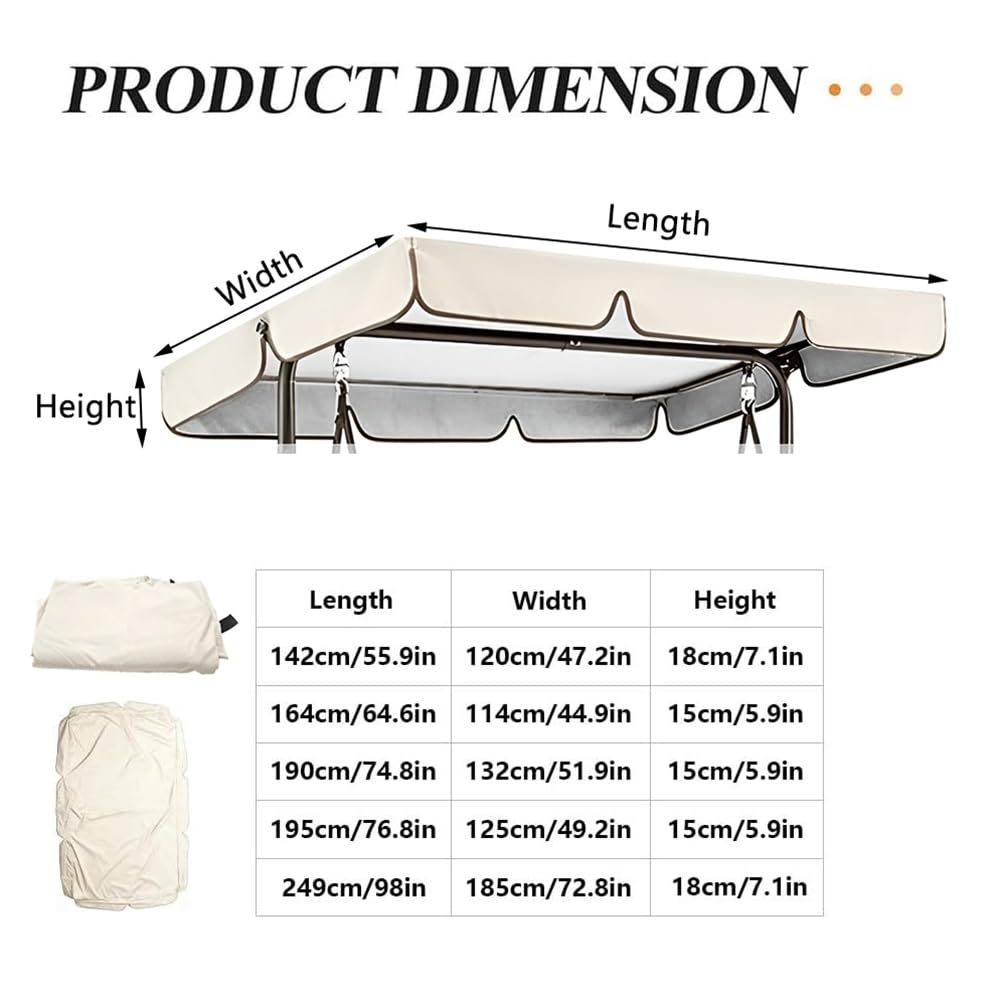 Toile de Rechange pour Balancelle de Jardin 2 ou 3 Places, Housse de Rechange Toit de Balançoire en Tissu Polyester Imperméable, Coupe-Vent et Anti-UV(Beige,190x132x15cm/75x52x6in)