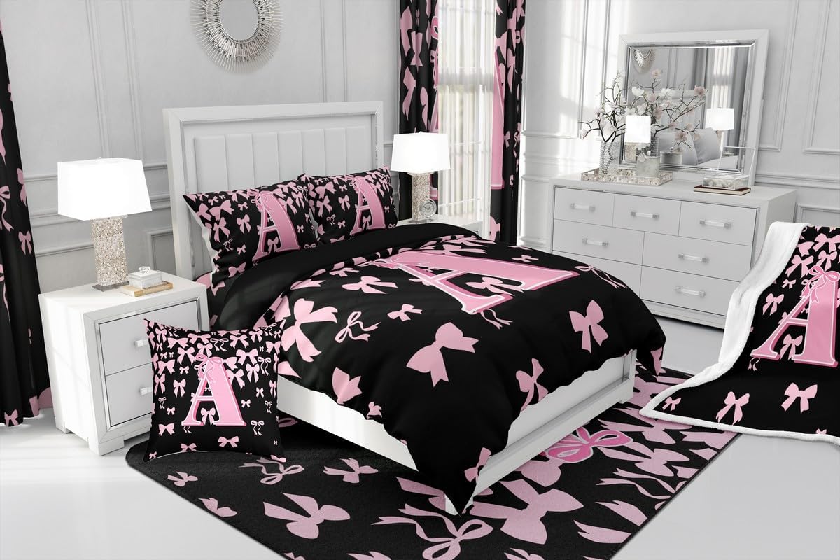 jejeloiu Girls Cute Bow Kids Comforter Set Twin Size Initial Letter A Bedding Set Black Pink Coquette Bowknot Duvet Quilt for Kids Boys Bedroom Monogrammed Decor Dreamy Princess Style Microfiber