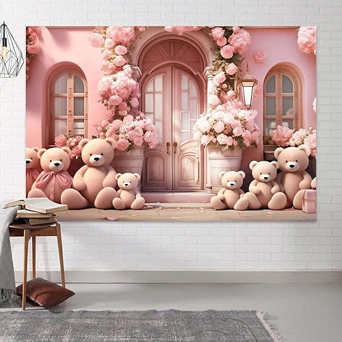 Miniatura 3 de Telón de fondo de oso rosa para puerta de arco de flores de Stree para cumpleaños, telón de fondo de poliéster de 7 x 5 pies para sesión de fotos,