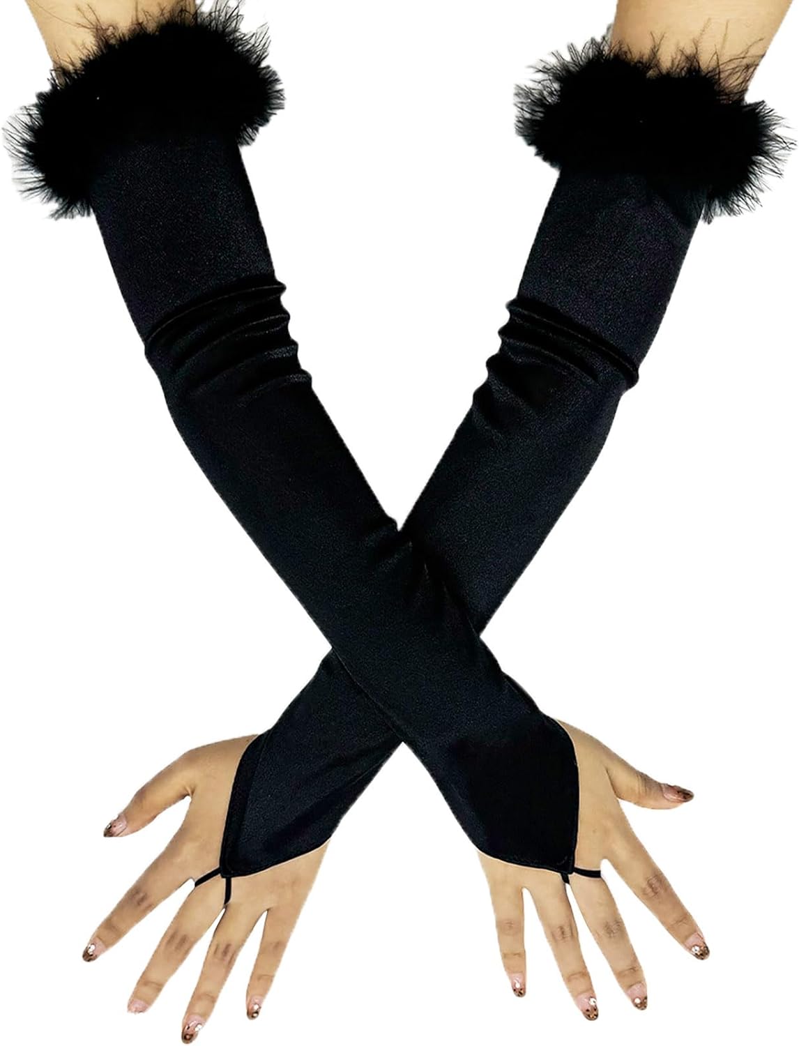 Acenail Black Fingerless Feather Gloves Long Satin Opera Gloves Halloween Costume Elbow Length Glove Women’s Wedding Glove
