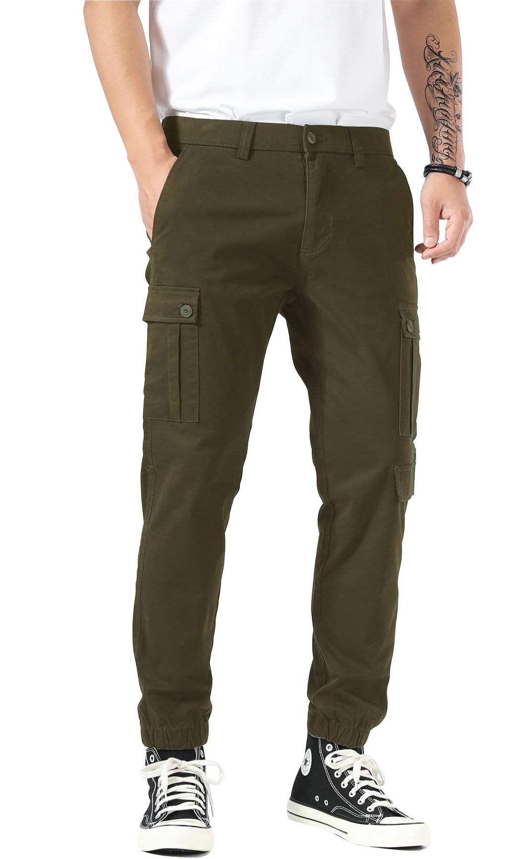 Plaid&Plain Men's Casual Cargo Joggers Sweatpants Chino Tapered Stretch Hiking Twill Pants with Pockets C803 Olive 38