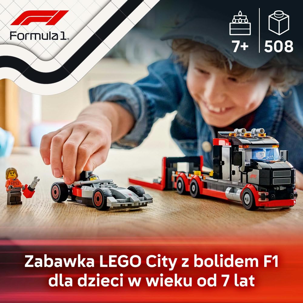 LEGO City Ciężarówka F1 z bolidem Audi F1, zabawka dla dzieci do zbudowania, pomysł na prezent dla 7-latka, dla chłopca i dziewczynki na urodziny, ozdoba na biurko dla fana wyścigówki z klocków 60493