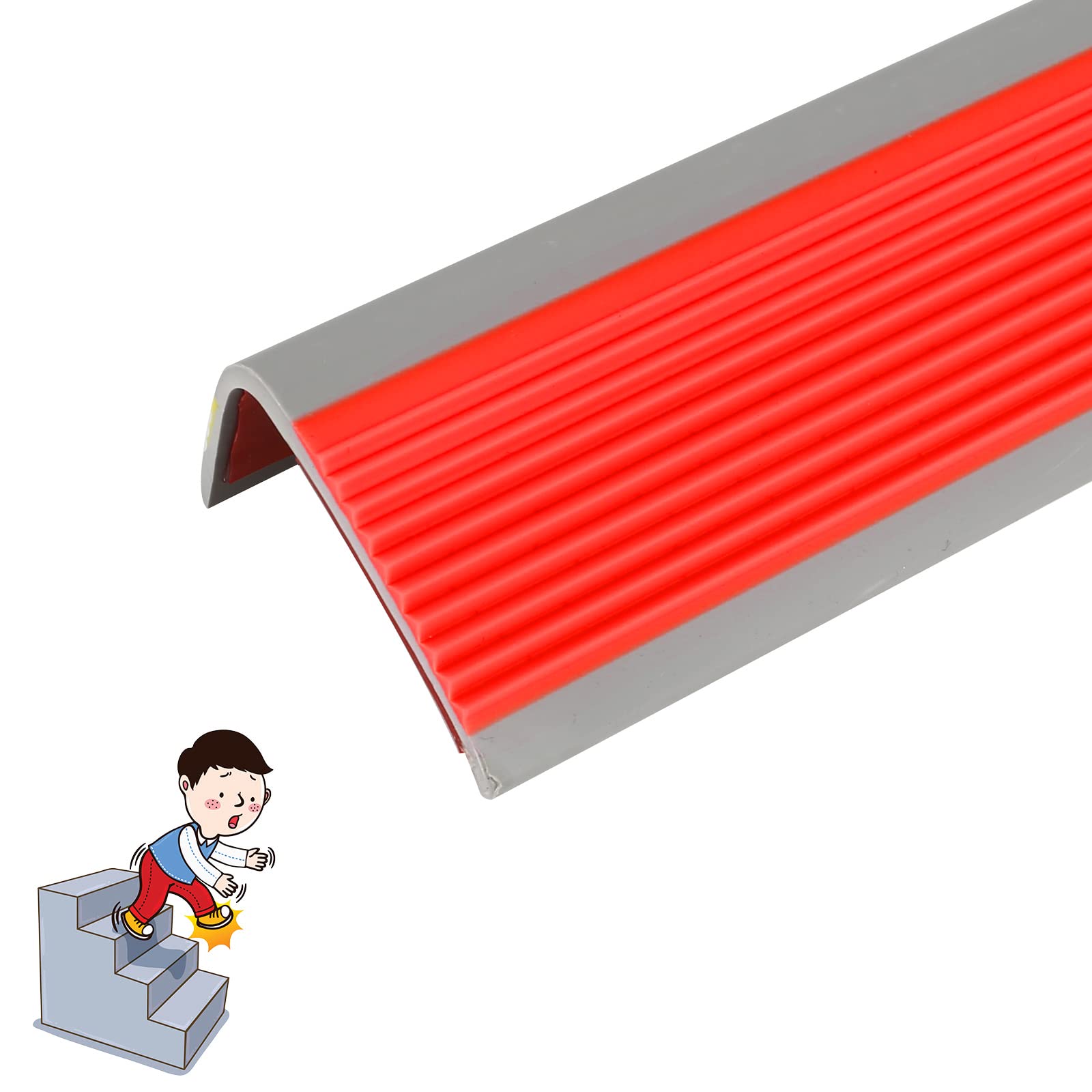 L Shape Nose Nosing PVC stair treads Edge Trim Strips Non Slip Rubber Stair Protector,Corner Guard Staircase Threshold Strip,Safety Step Trim for Indoor Outdoor Tile Wood Metal Stair-Red Line Gray