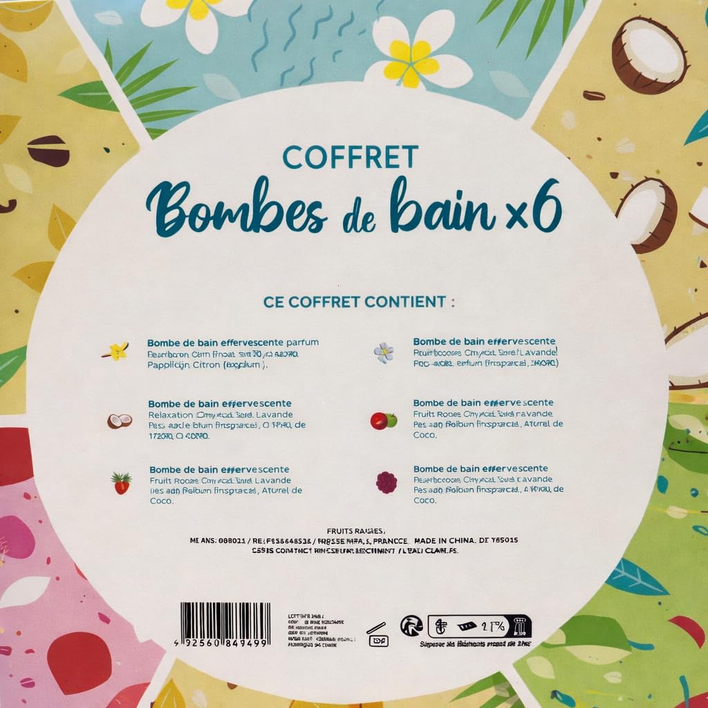 French Tendance - Coffret 6 Bombes de Bain - 6 x 60g - Effet Relaxant, Moment Détente - Senteurs Monoi, Vanille, Coco, Ananas, Pomme, Fleur de Cerisier - Kit Bombe Bain Moussant