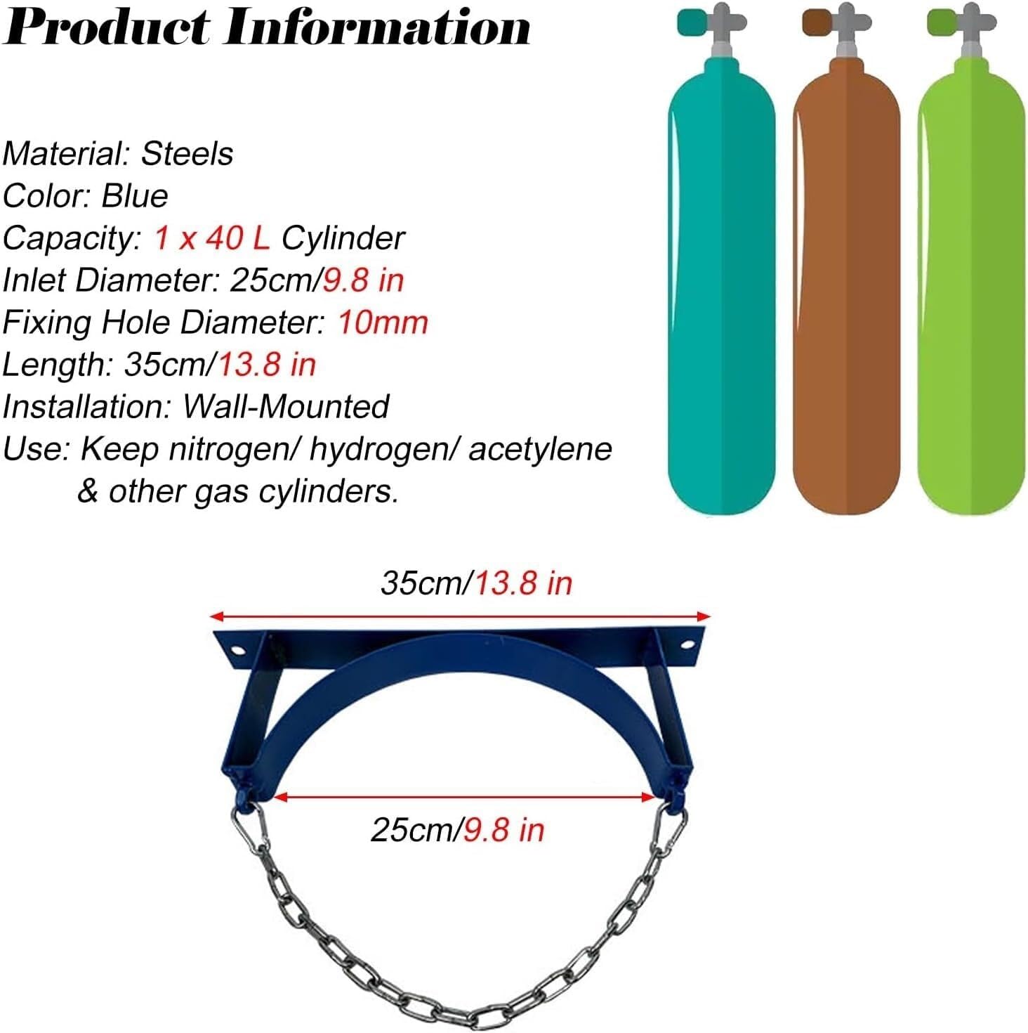 Soporte Para Bombonas De Oxígeno, Soporte De Pared De Acero Con Cadena De Seguridad Para Bombonas De Gas De 40 L, Uso Industrial Y En Talleres(35cm)