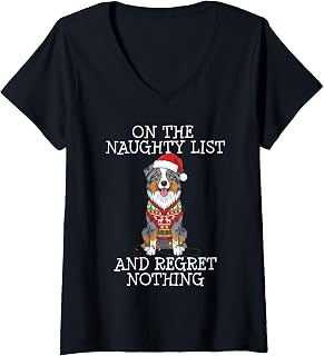 Womens Funny Christmas Australian Shepherd Naughty List V-Neck T-Shirt