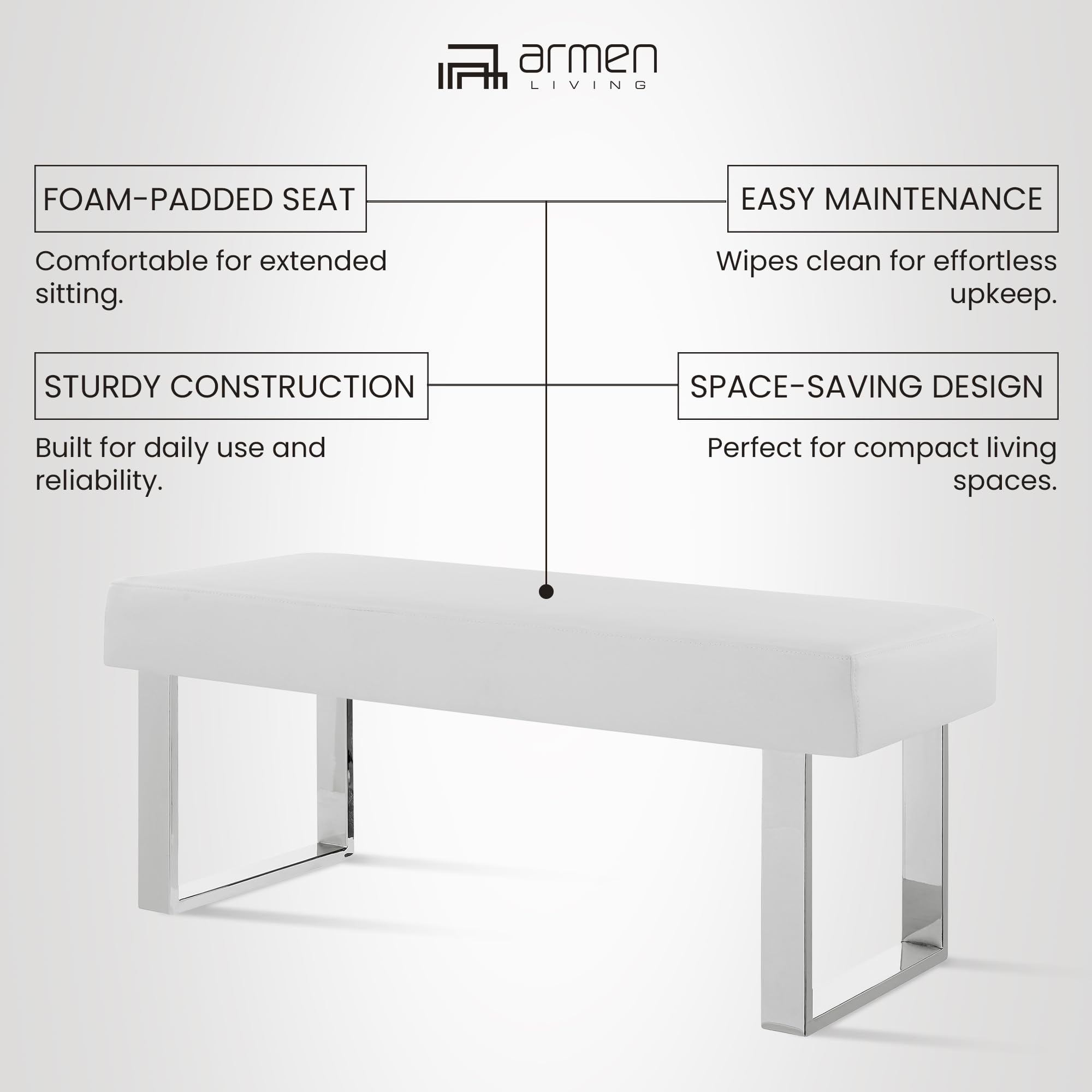 Armen Living Amanda Bench in White and Chrome Finish 48"x18"x19"