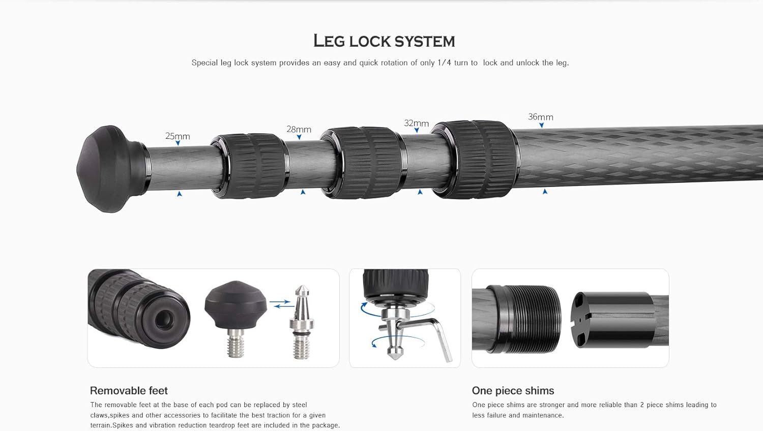 Leofoto MP-364C 4 Section CF Travel Monopod Carbon Fiber 67" Tall 1/4" & 3/8" : Electronics