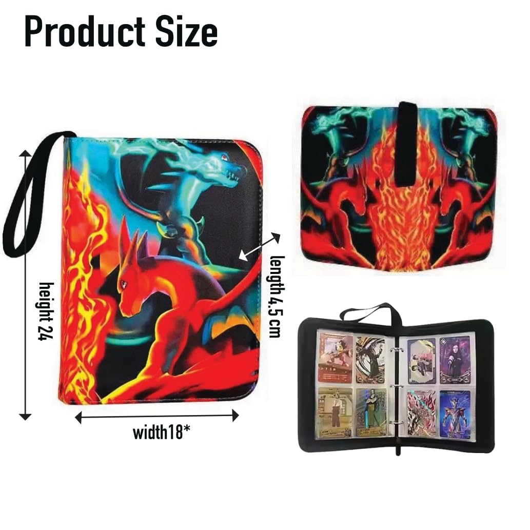 Trading Card Zip Binder - 4-Pocket Sleeves, 50 Pages, 200-Card Capacity, 3-Ring PU Album with Wrist Strap, Flame Dragon Artwork - Image 2