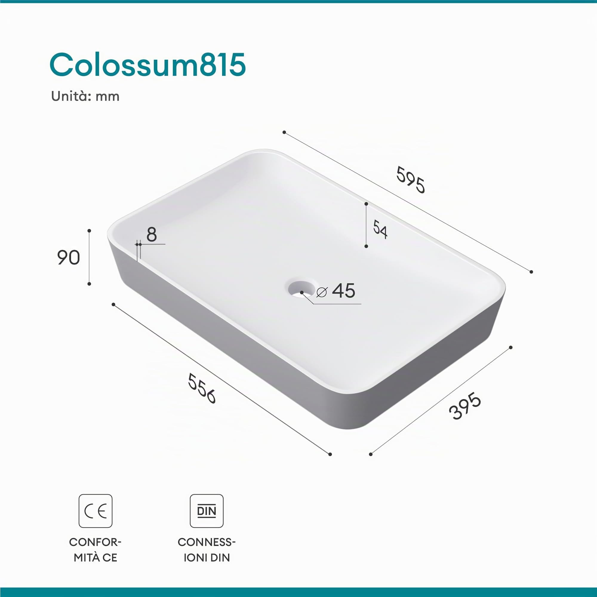 Mai & Mai Lavabo da Appoggio 60x40x9cm in Minerale Fuso, Colossum815 | Lavandino Bagno, Bianco Opaco, Stampaggio Monopezzo, Nano-rivestimento