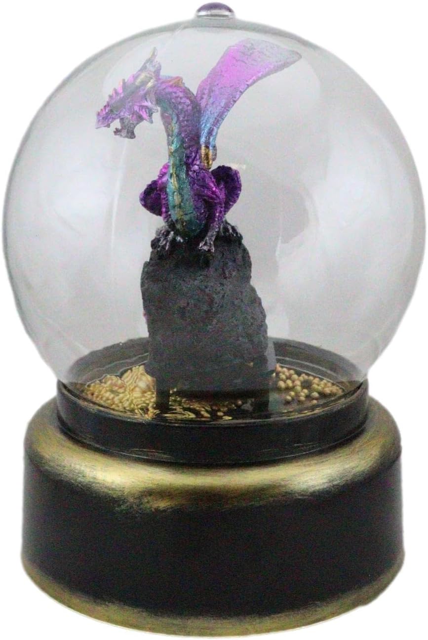Ebros Gift Metallic Iridescent Guardian Dragon Golden Glitters Air Powered Musical Globe Dungeons and Dragons Collectible Figurine (Purple Drake On Faux Geode Crystal Rock)