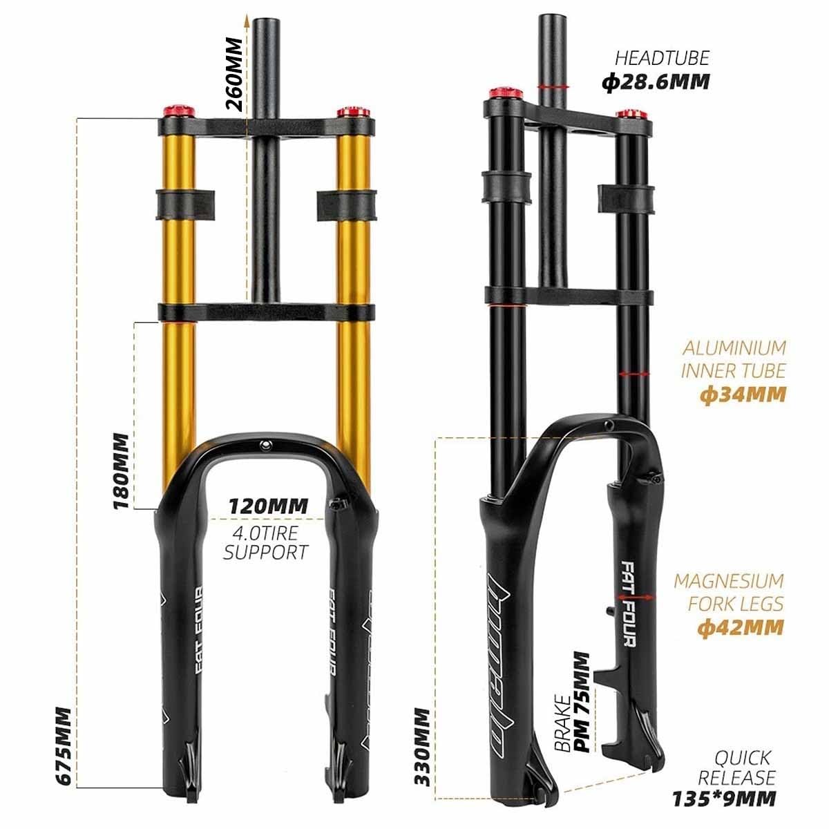 Widelec przedni do roweru śnieżnego z kołami 20", z regulacją odbicia, zawieszenie pneumatyczne, widelec Fatbike MTB, opony 4,0", rura prosta 28,6 mm, skok sprężyny 140 mm, 9 x 135 QR XC AM