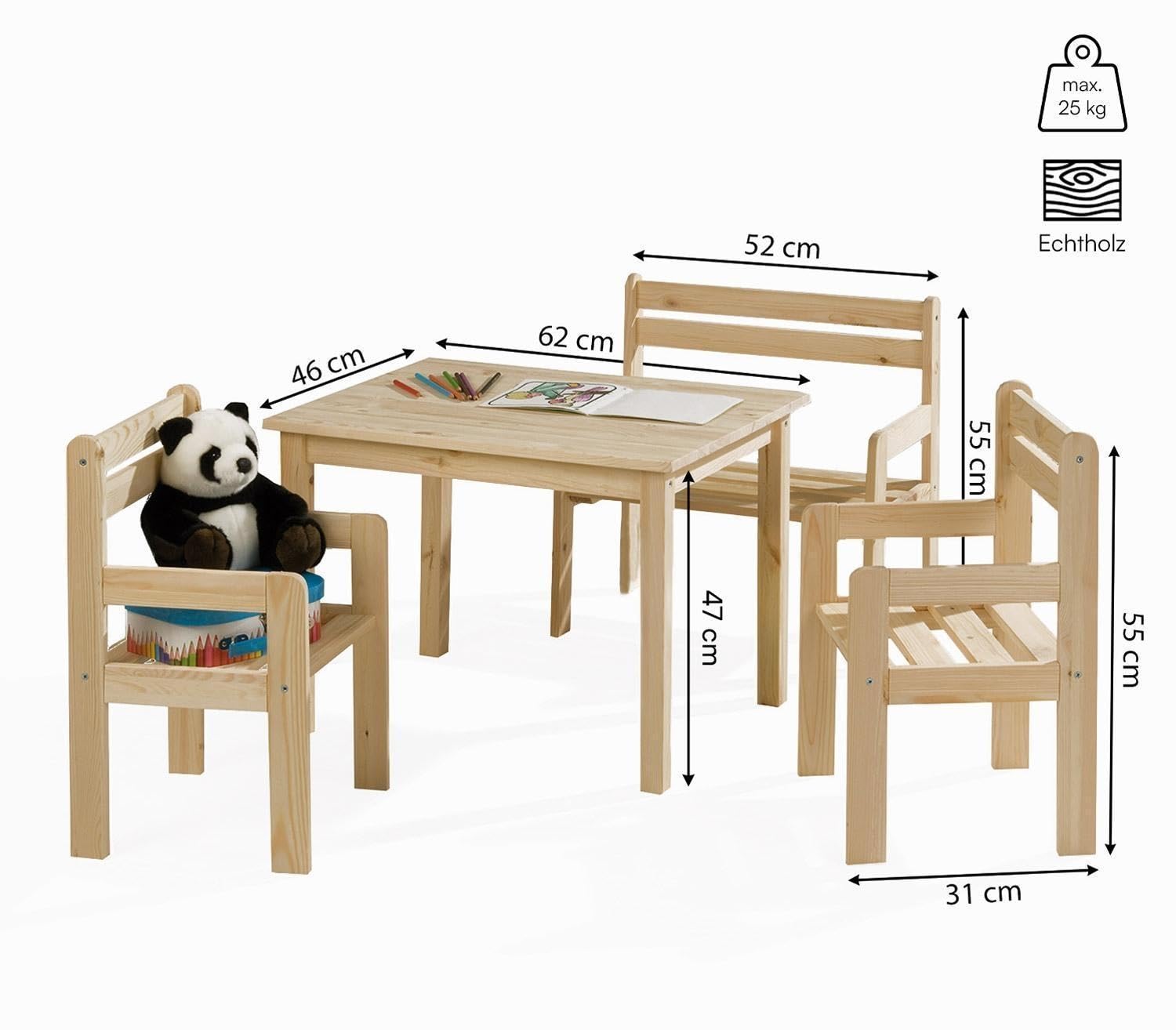 Kindersitzgruppe 4-teilig - mit Kindertisch, Sitzbank & 2 Stühlen - Braun - Kiefernholz Massiv - Sitzgruppe Kindertischgruppe Holzsitzgruppe