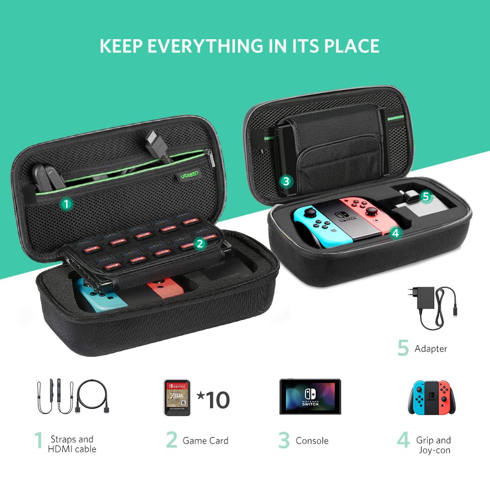 UGREEN Custodia Rigida per Nintendo Switch Borsa in EVA Antiurto con Maniglia per 1 Console, 2 Joy-Con (L e R), 10 Cartucce di Giochi, Adattatore di Alimentazione e Altri Accessori Digitali, etc.