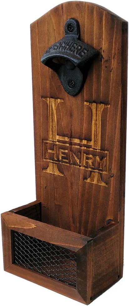 Personalized Wall Mount Rustic Walnut Wooden Bottle Opener with Cap Catcher, Wall Mounted Bottle Opener, Groomsman Gift Best Man Gift Birthday Gift Wedding Gift for Him