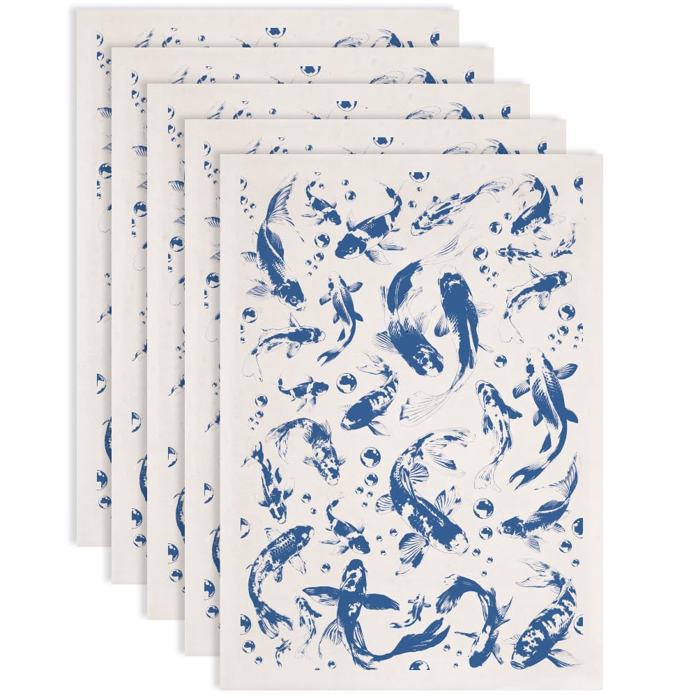 SUPERDANT 5 Sheets Fish Underglaze Transfer Blue Ceramic Waterslide Decal for Mugs Plates Pottery Decal Vases Beginner Dishwasher Studio Pack 20.5x14.6Inch/52x37cm
