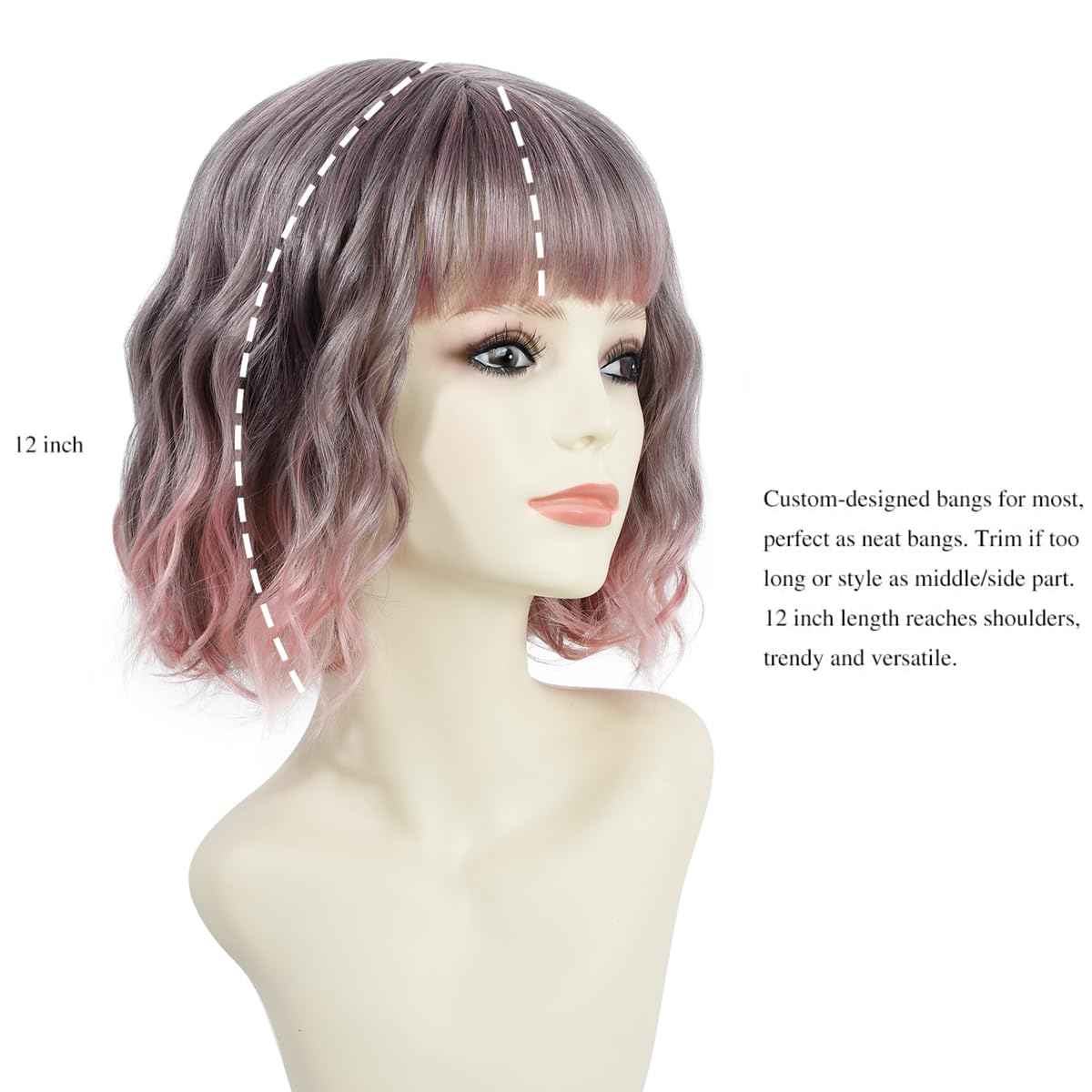 BUYOGET Wavy Bob Wig with Bangs Synthetic Hair Shoulder Length 12 Inch Short Curly Wigs for Women Natural Ombre Pink - Image 3