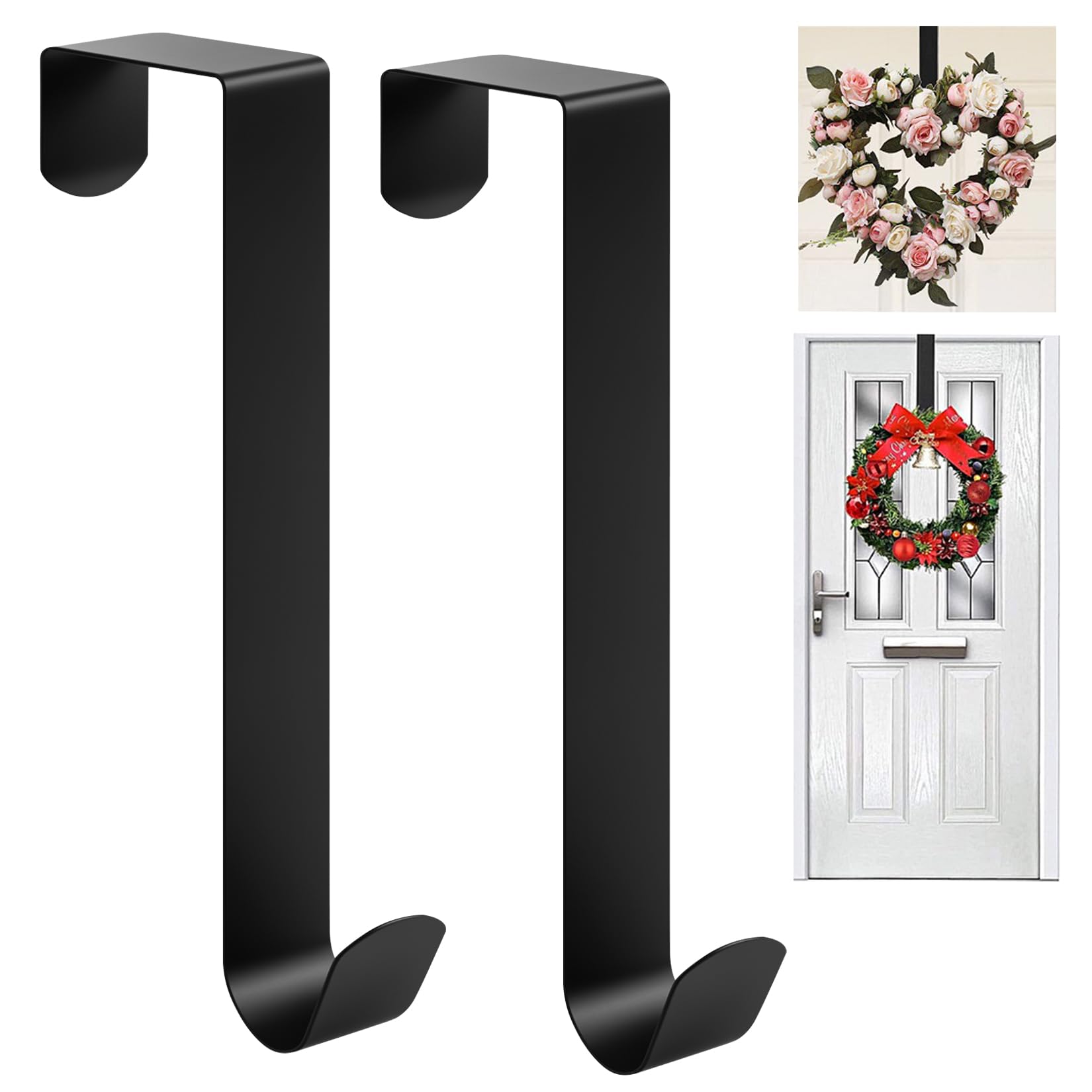 2 Pcs Christmas Wreath Hanger for Front Doors, 11.8" Over Door Wreath Hanger for Front Doors, wWreath Hooks Hangers, Black Metal Over the Door Hooks for Wreaths Home Wedding Christmas Decorations