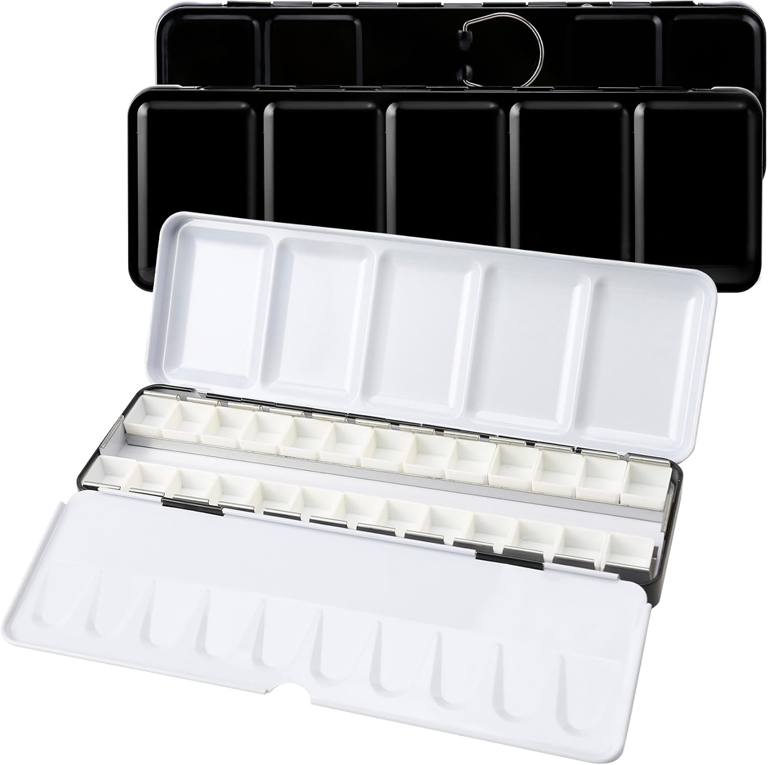 24 Half Pan Empty Watercolor Palette Tin - Enameled Durable Design with Mixing Wells & Thumb Ring, Travel-Ready for Plein Air Painting - Take Your Art Anywhere