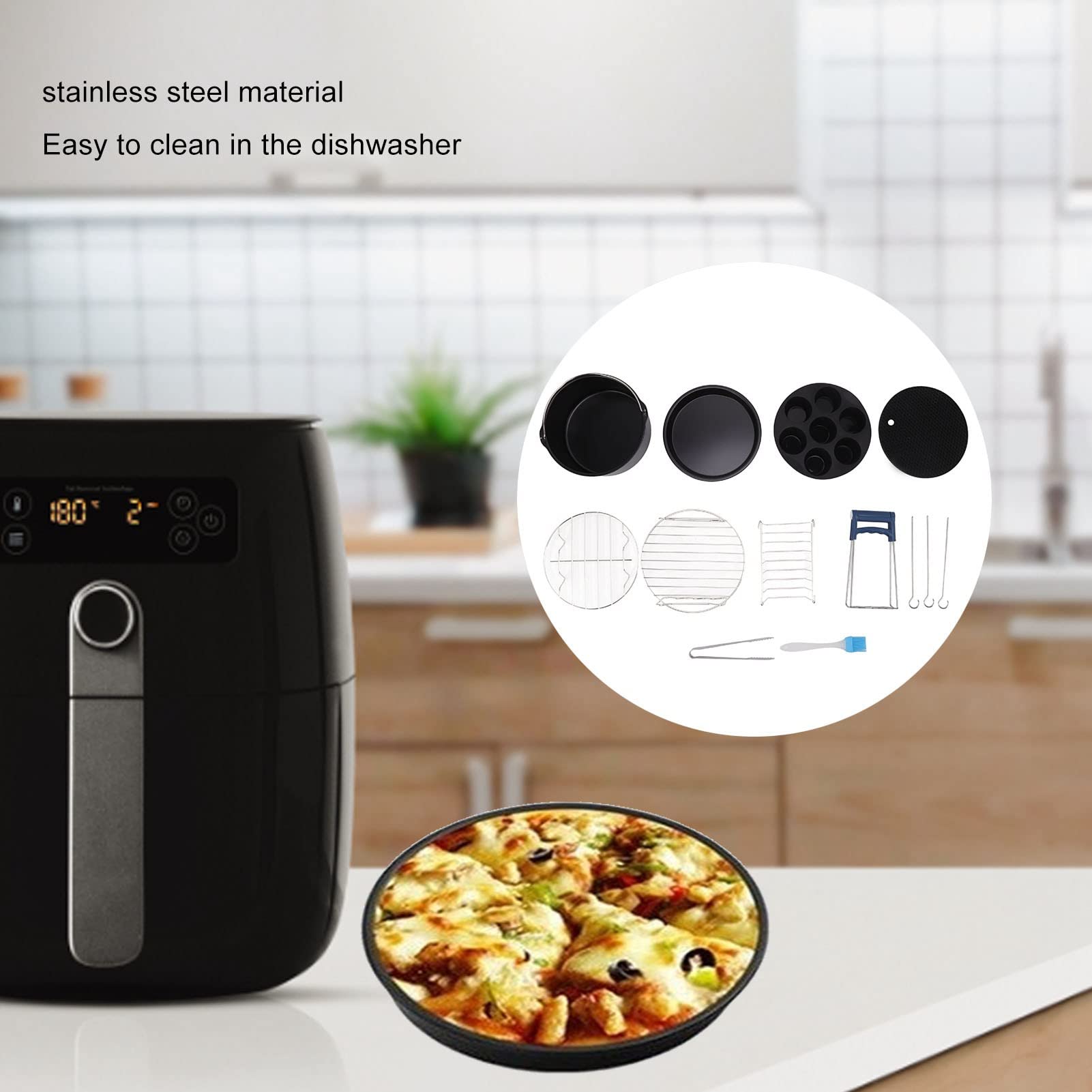 Set di padelle per friggitrice ad aria, 13 pezzi antiaderenti universali più grandi per torte e pizze, supporto per cottura in acciaio inox, lavabili in lavastoviglie per macchine (20 cm)