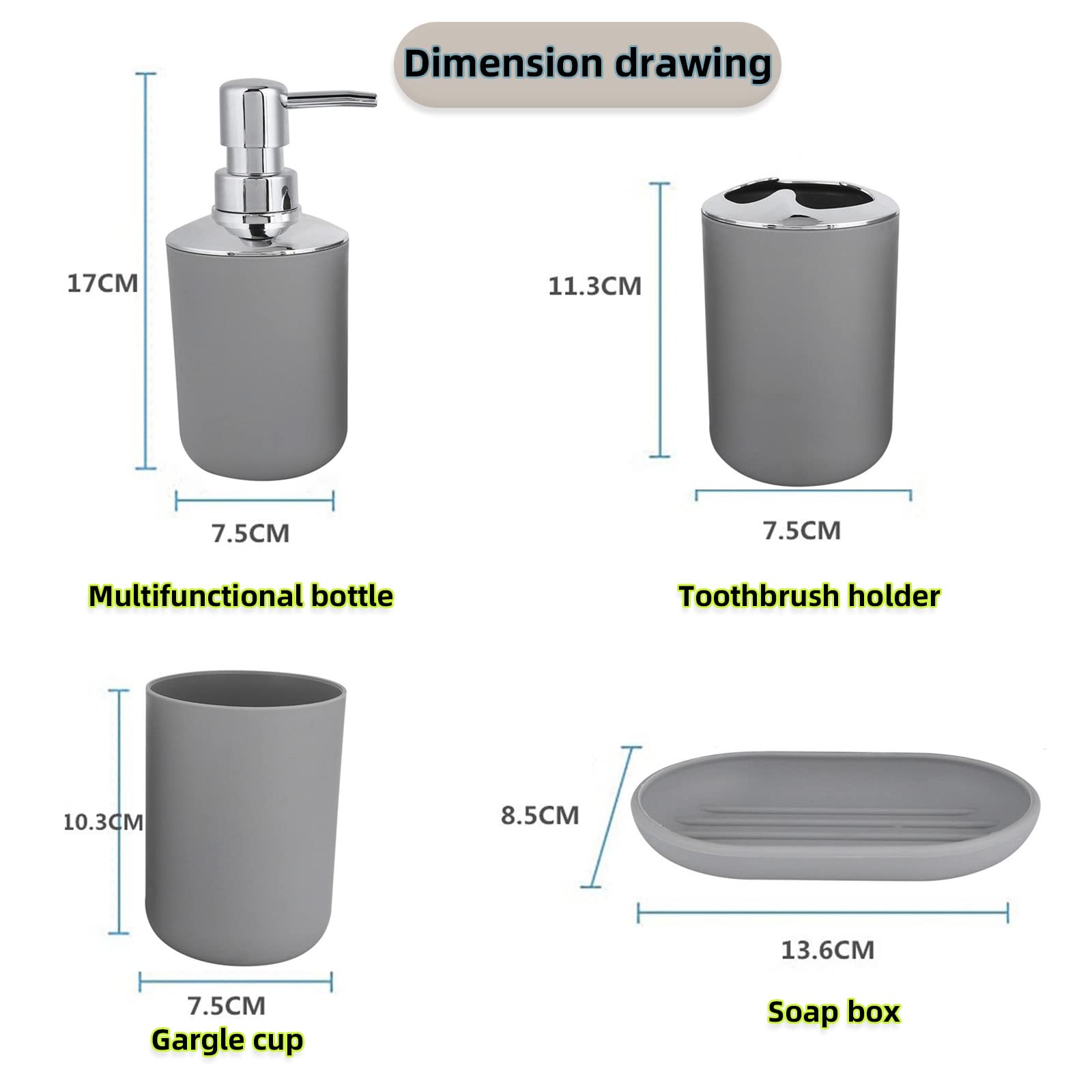 Hosoncovy 4 Pieces Bathroom Accessory Set including Soap Dispenser, Bathroom Cup, Soap Dish ,Toothbrush and Toothpaste Holder (Grey) - Image 2