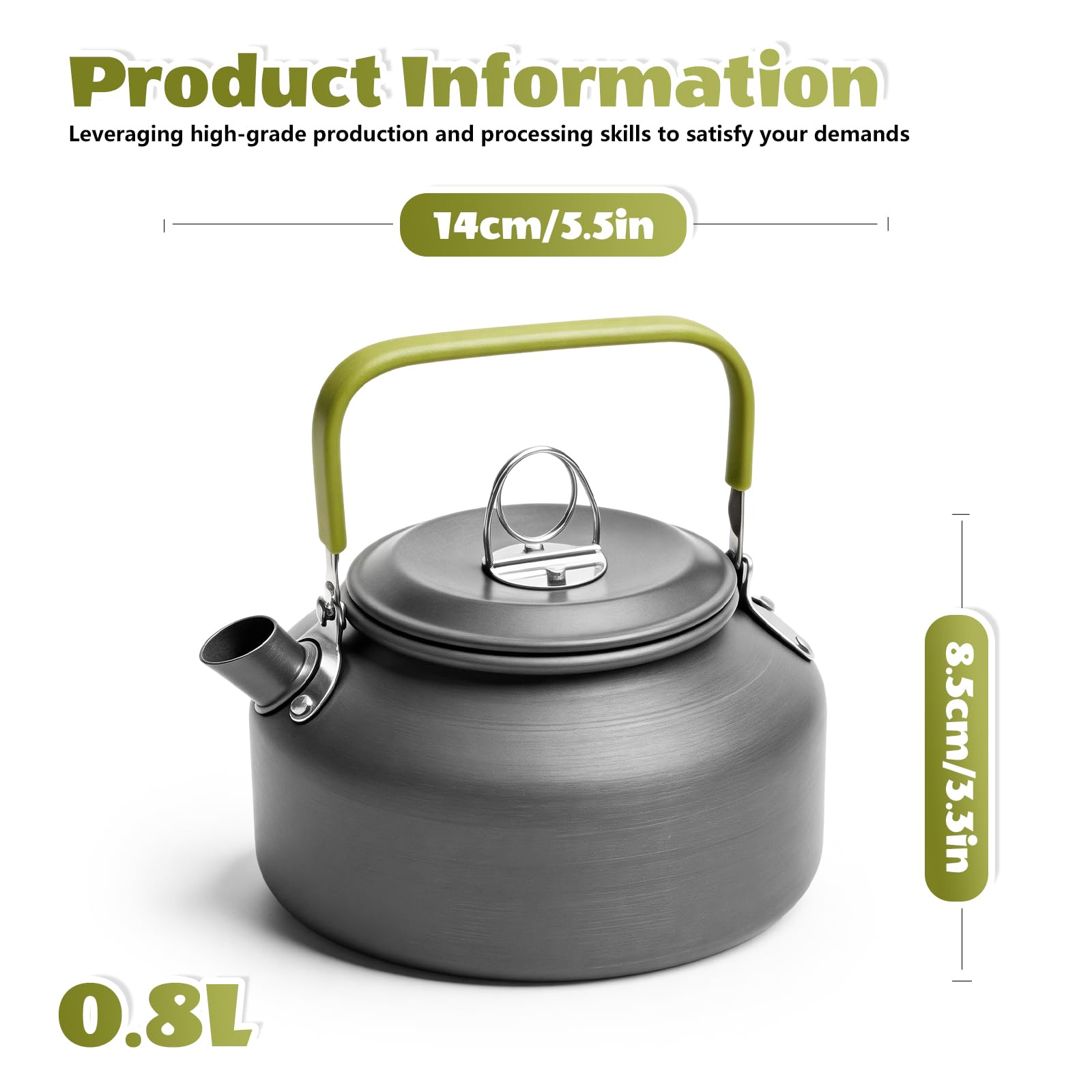 Bollitore da campeggio da 800 ml: bollitore da tè ultraleggero in acciaio inox, manico verde, in alluminio, per picnic ed escursioni