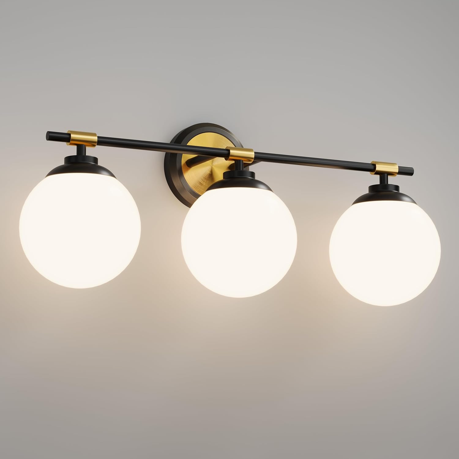 Rayogale Bathroom Light Fixtures, ETL 3 Lights Black Gold Vanity Lights Over Mirror with Milk Glass Soft Lighting Bathroom Wall Sconces for Living Room Bedroom (Exclude E26 Bulb)