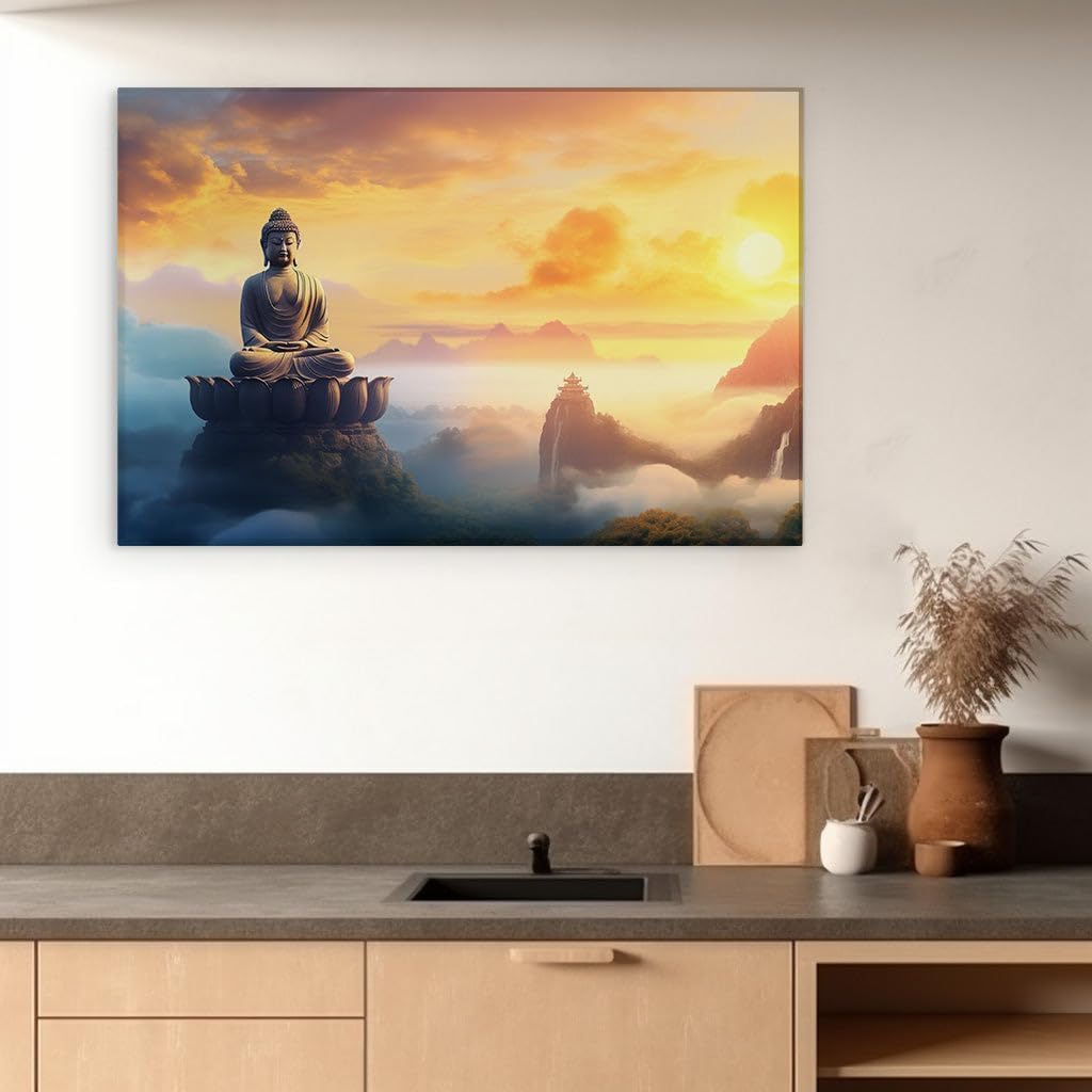 Canvas for Living room. Dawn of Serenity: Embracing Peace atop the Mountain Throned Buddha, 27 x 18 inch Canvas Wall Art - Surrealistic Visions - Modern Home Decor - 69x46 cm (27x18 inch)