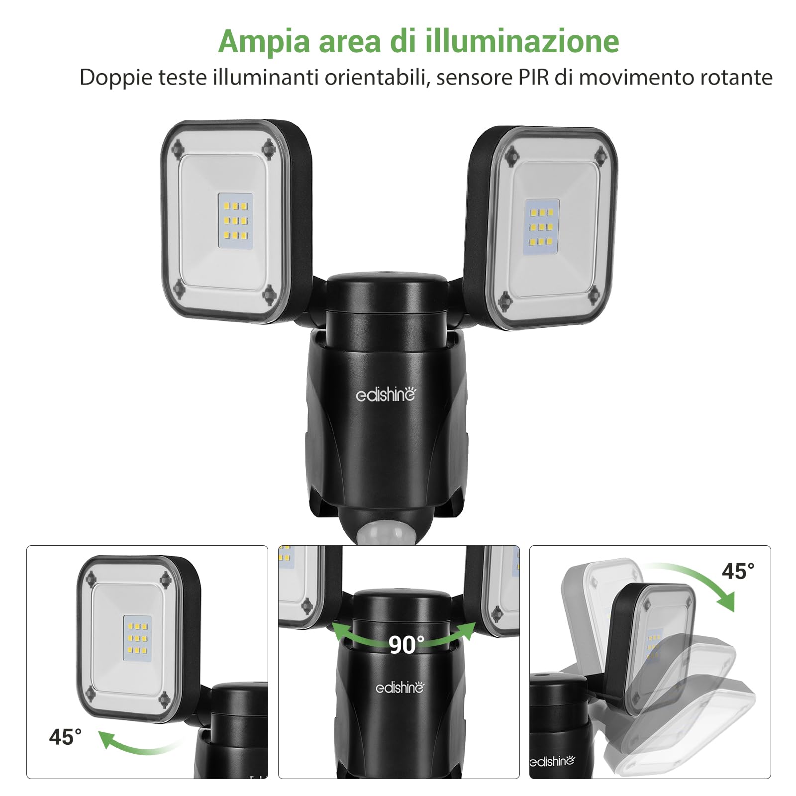 EDISHINE Faretto LED Esterno a Batteria con Sensore di Movimento, 800 LM