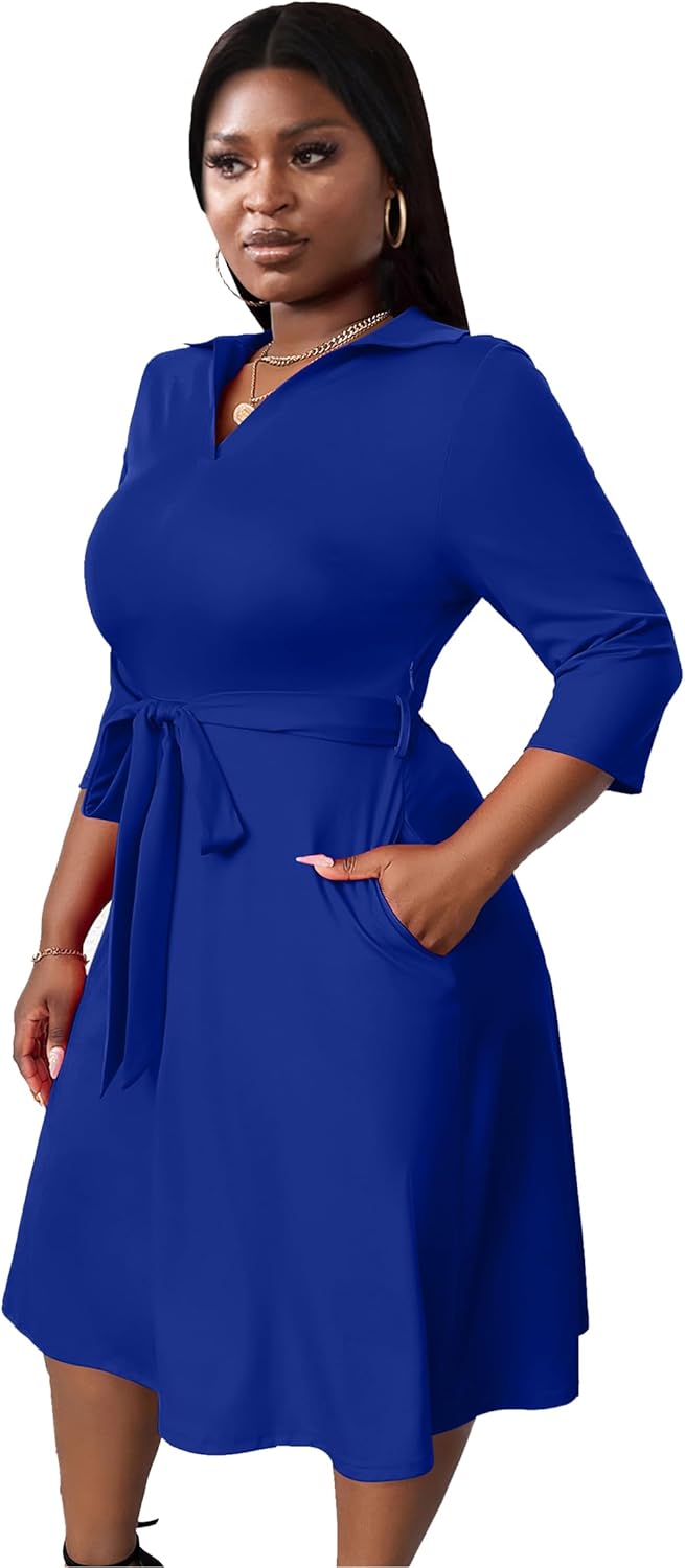 FANDEE Plus Size Midi Dress for Women - Printing Summer Dresses for Wedding Guest Cocktail Party 3/4 Sleeve V Neck(L-5XL) - Image 3