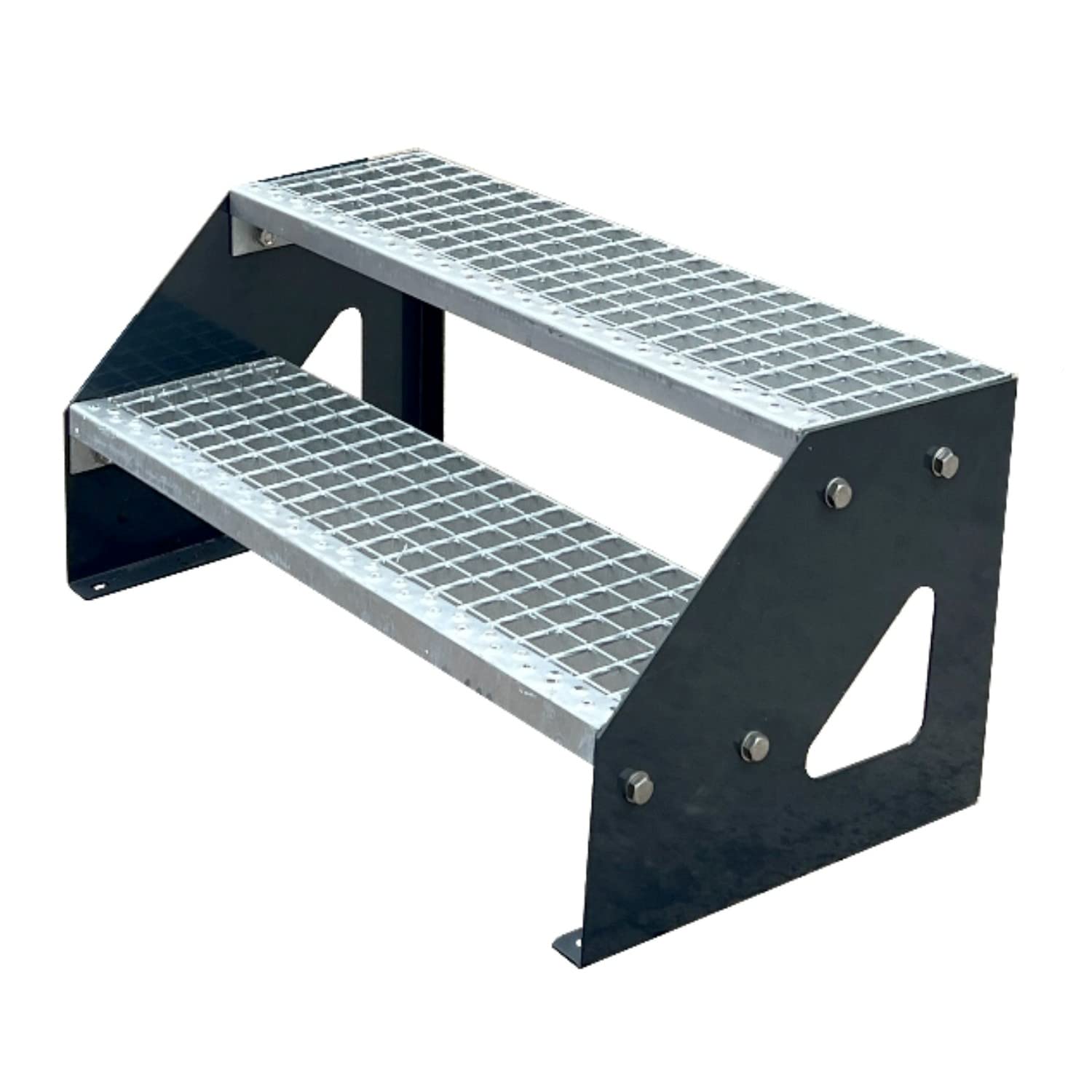 Escalier galvanisé extérieur 2 marches caillebotis avec limon anthracite