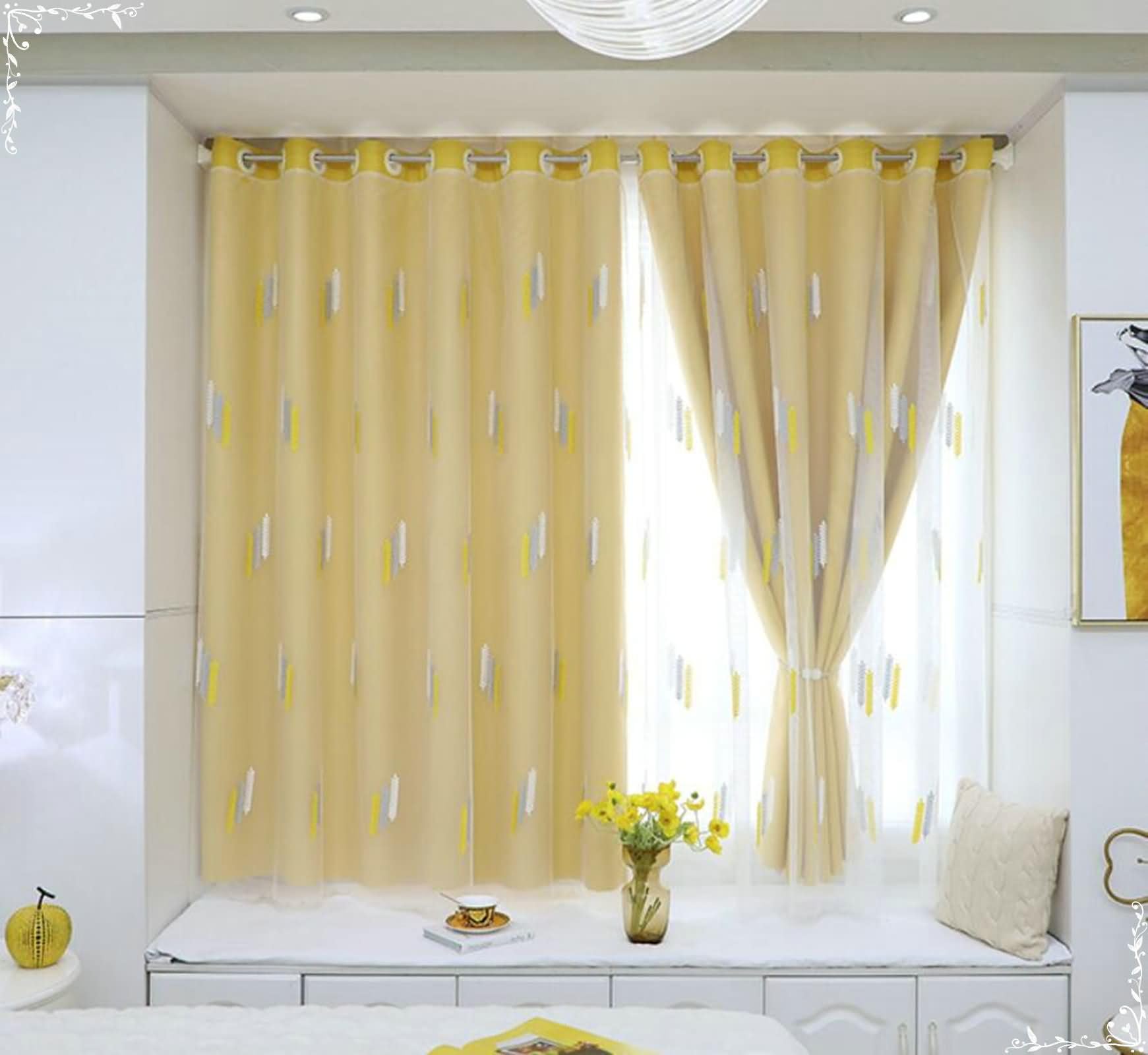 Daesar Verdunklungsvorhänge Gelb 2er Set, Vorhänge Blickdicht mit Ösen Stickerei mit Weizen Motiv Doppelschicht Modern 137x183CM Gardinen Vorhänge Schlafzimmer Wohnzimmer