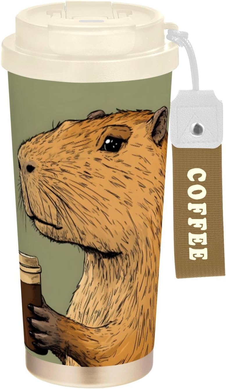 Coffee Capybara Funny Insulated Coffee Mug with Straw & Flip Lid, 16.9oz Iced Tumbler Cup, Double Wall Vacuum Leak-Proof Mug for Travel Office