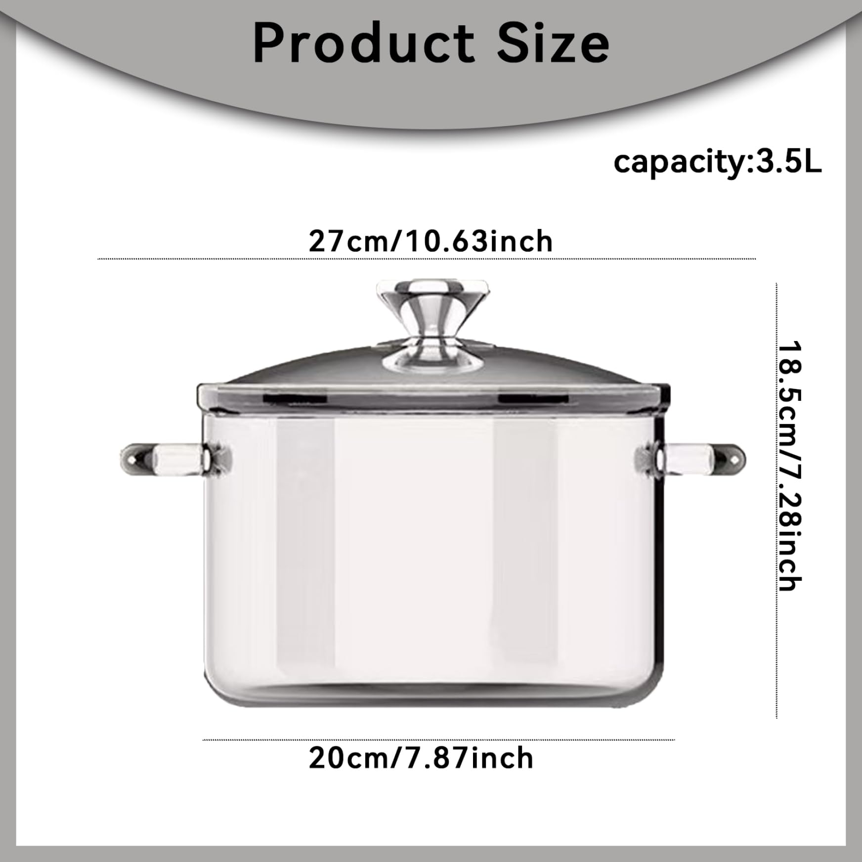 Pentole in vetro per cucinare sul fornello, pentola in vetro trasparente per cuocere a fuoco lento, pentole grandi da 3, 5 litri, pentola sicura borosilicato con manici antiscottatura a doppio orec