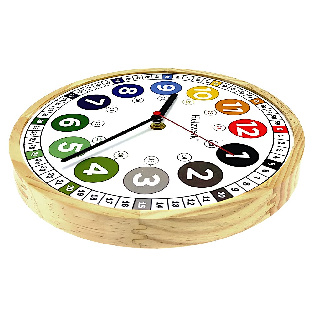 Holzwerk Germany Öko Natur Kinder-Wanduhr Kinder Jungen Mädchen aus Holz lautloses Uhrwerk ohne Ticken tickgeräusche lautlos 24,7 cm Durchmesser Bunt Braun Grün Rot Grau Blau Weiß