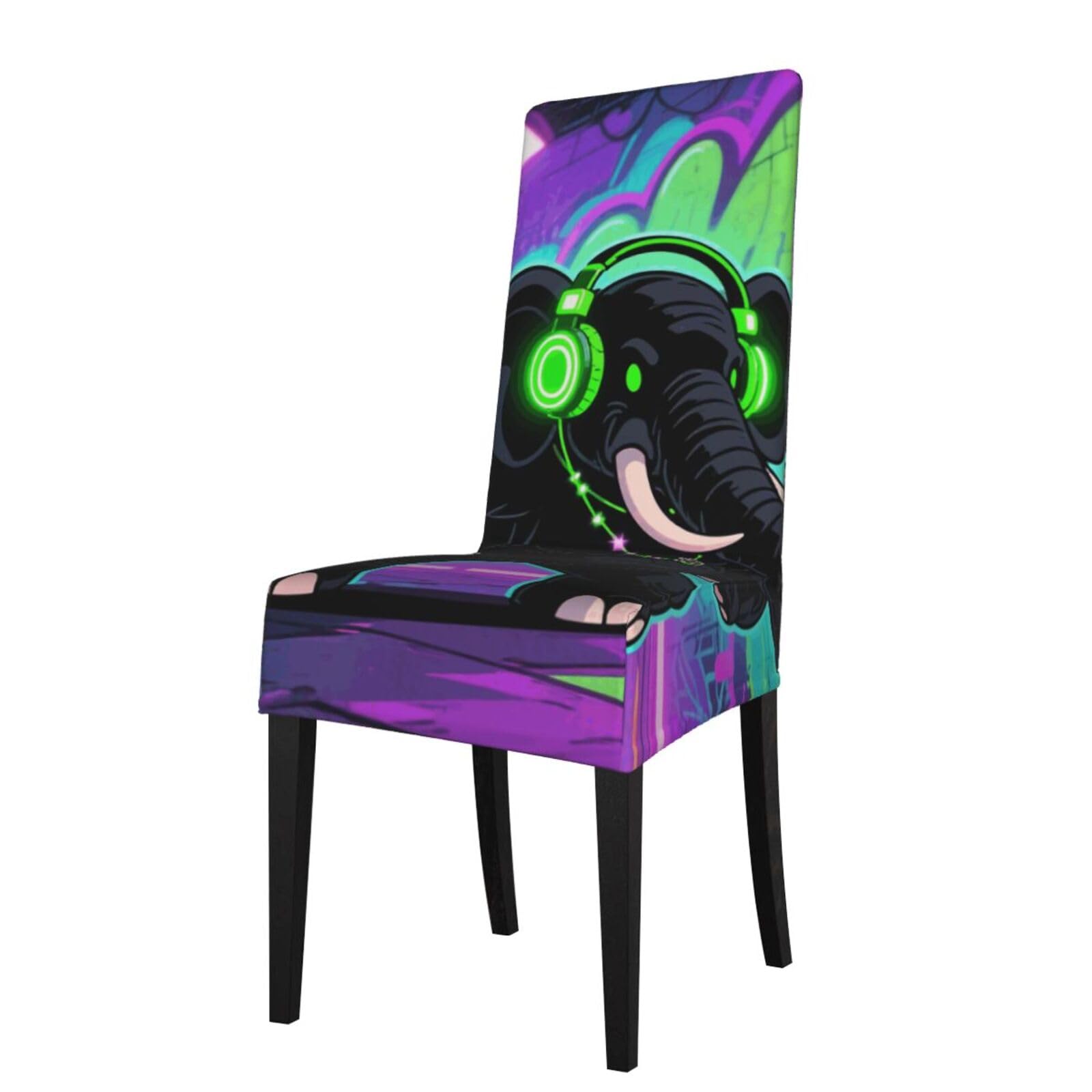 Fodpand Black Elephant With Headphones Dining Room Chair Cover Stretch Parsons Chair Slipcovers Removable Washable Chair Protectors Cover High Elastic Seat Protector For Home,Kitchen, Hotel, Banquet